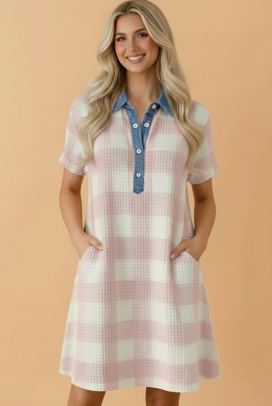 Plaid Contrast Denim Collared T-Shirt Mini Dress