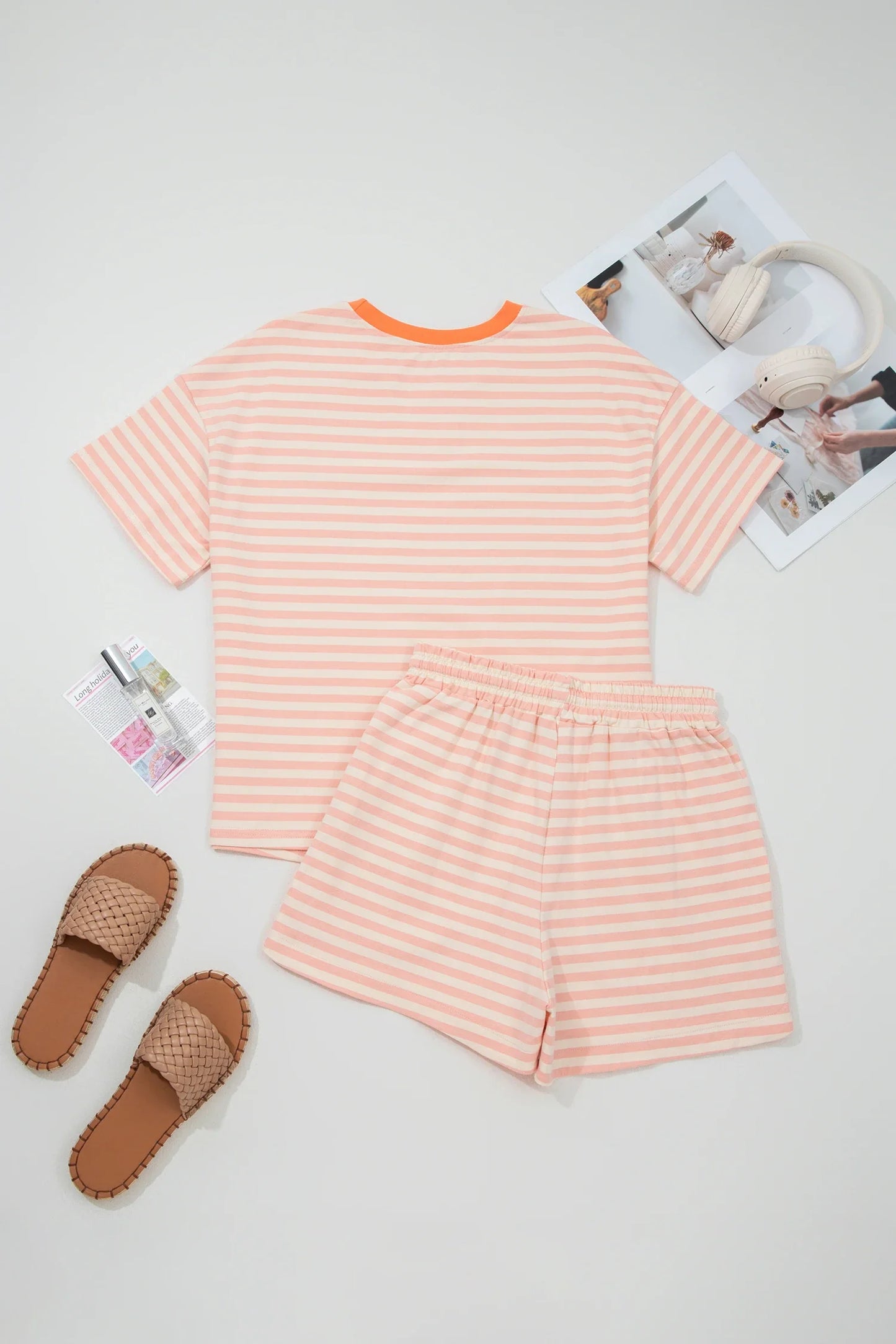 Stripe Contrast Neck Loose Tee & Drawstring Shorts Set