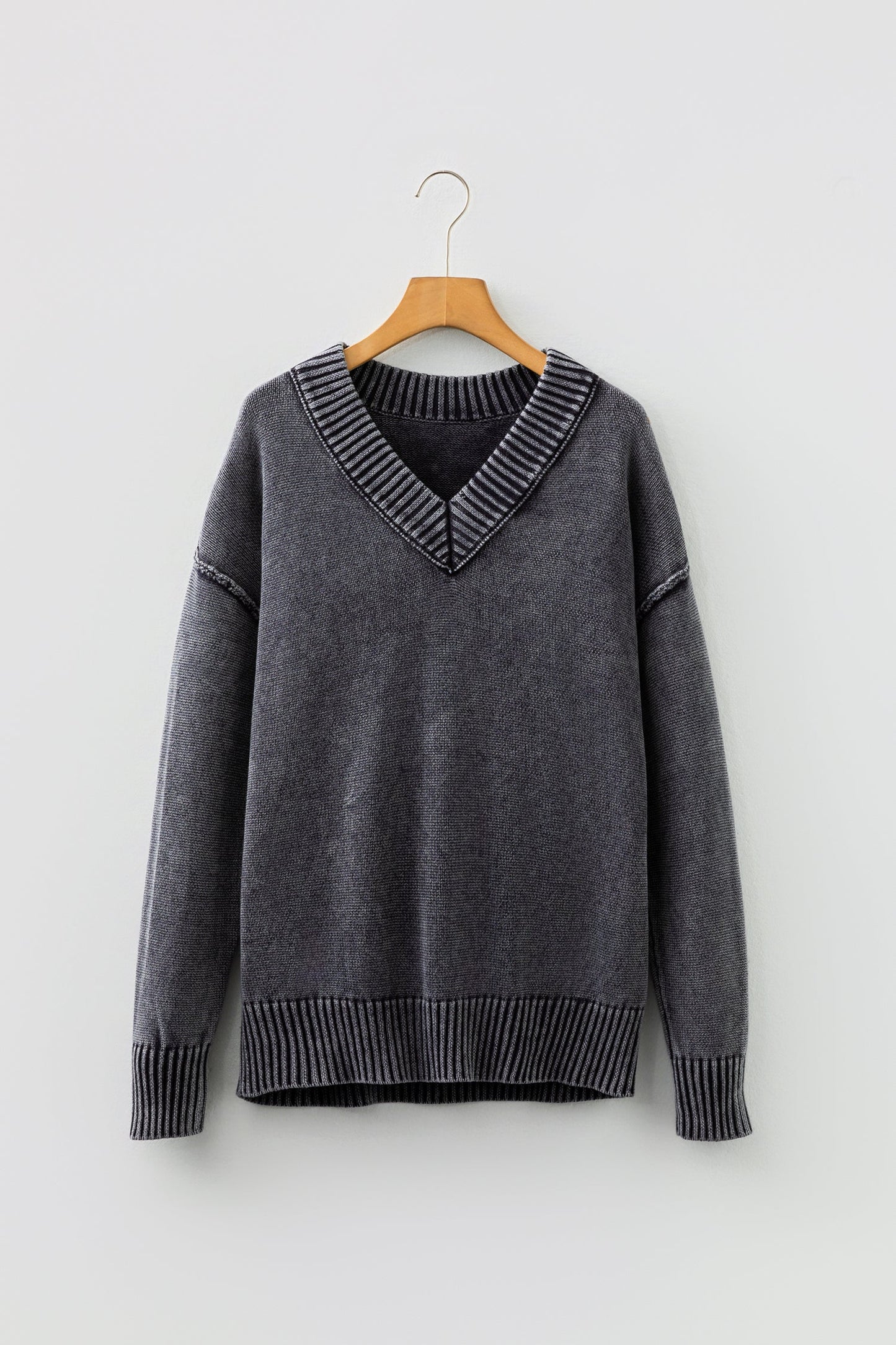 Mineral Wash Reverse Seam V-Neck Drop Shoulder Sweater