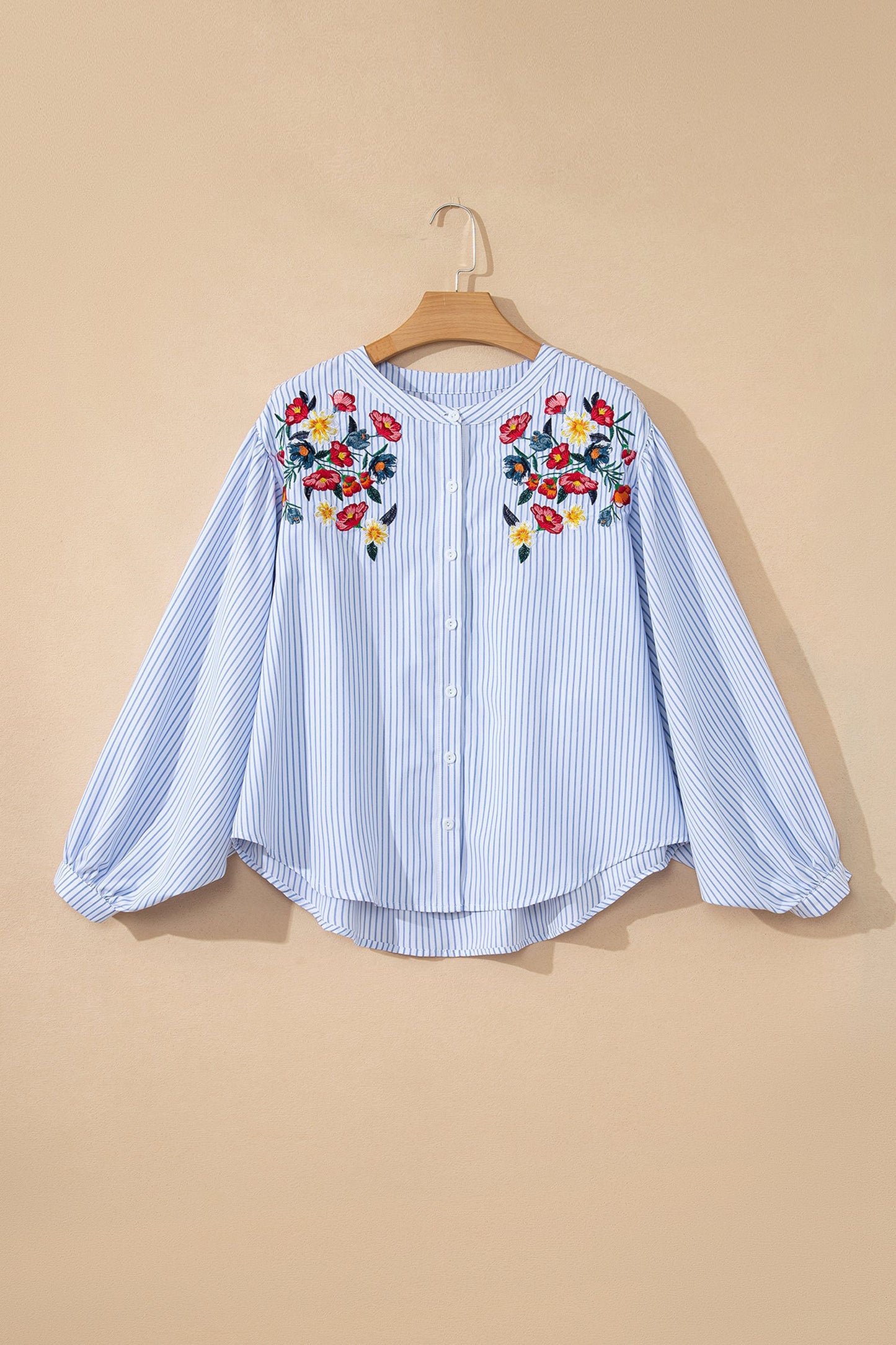 Floral Embroidered Stripe Billowy Sleeve Tunic Shirt