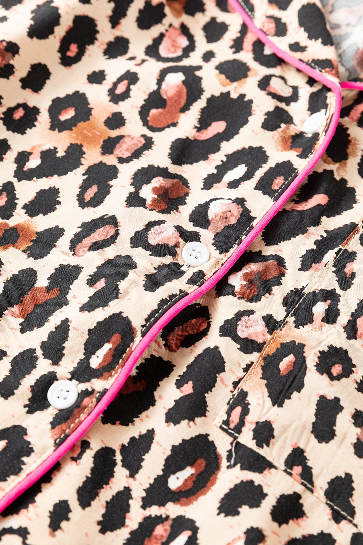 Leopard Contrast Trim Shirt and Ruffle Hem Short Set