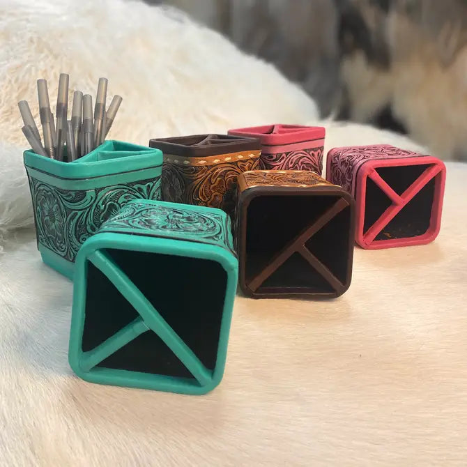 Pink Tooled Leather Pencil Holder