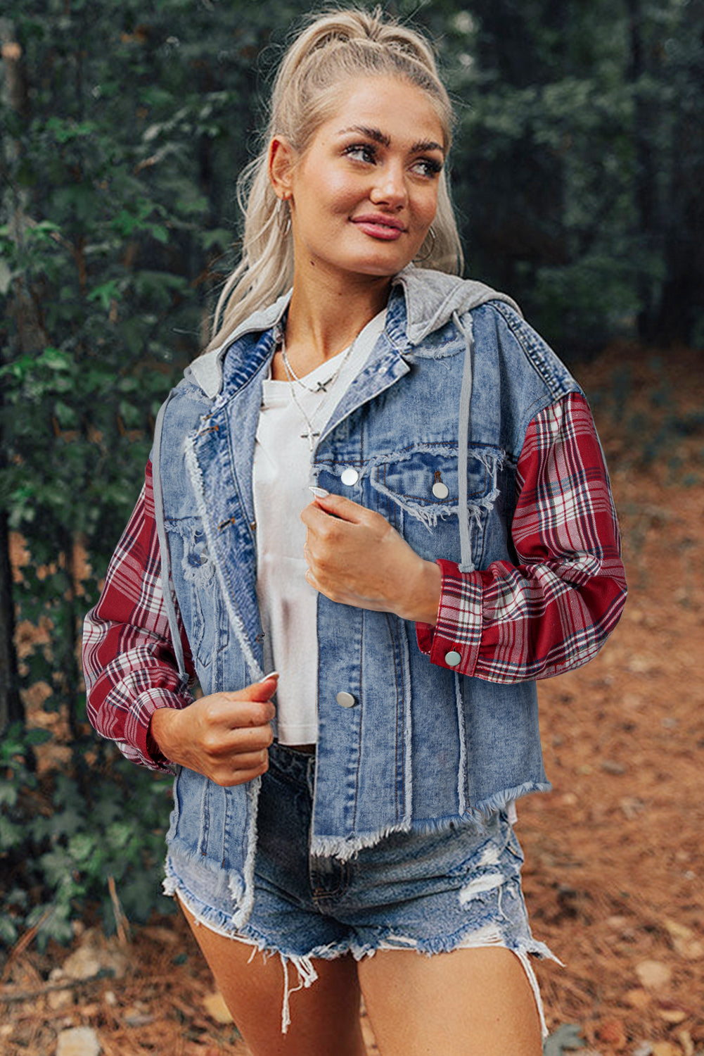 Plus Size Plaid Patchwork Hooded Denim Jacket