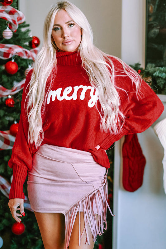 Christmas Merry Embroidered Puff Sleeve Turtleneck Sweater