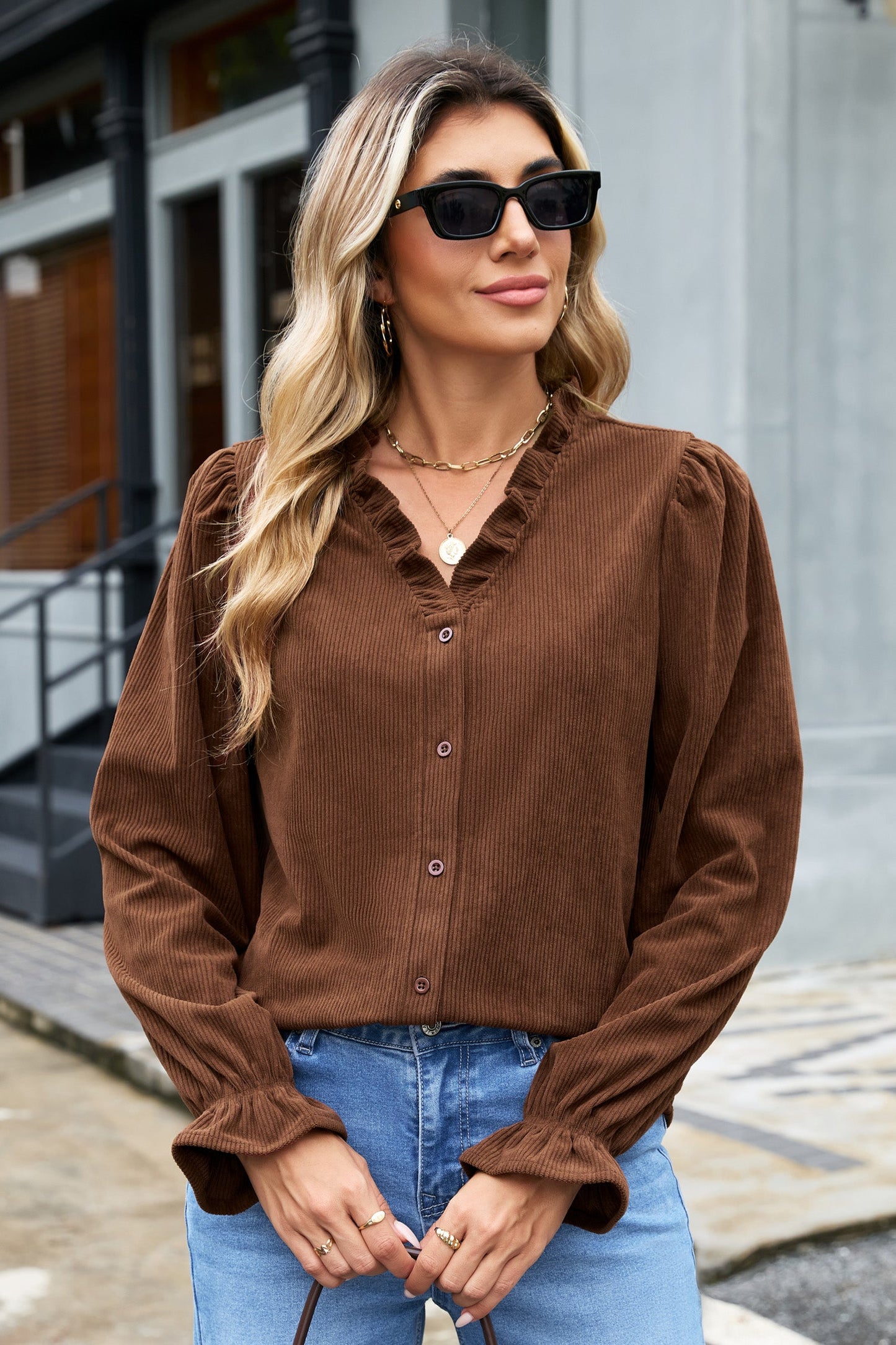 Solid Ruffle Trim V-Neck Long Sleeve Corduroy Shacket