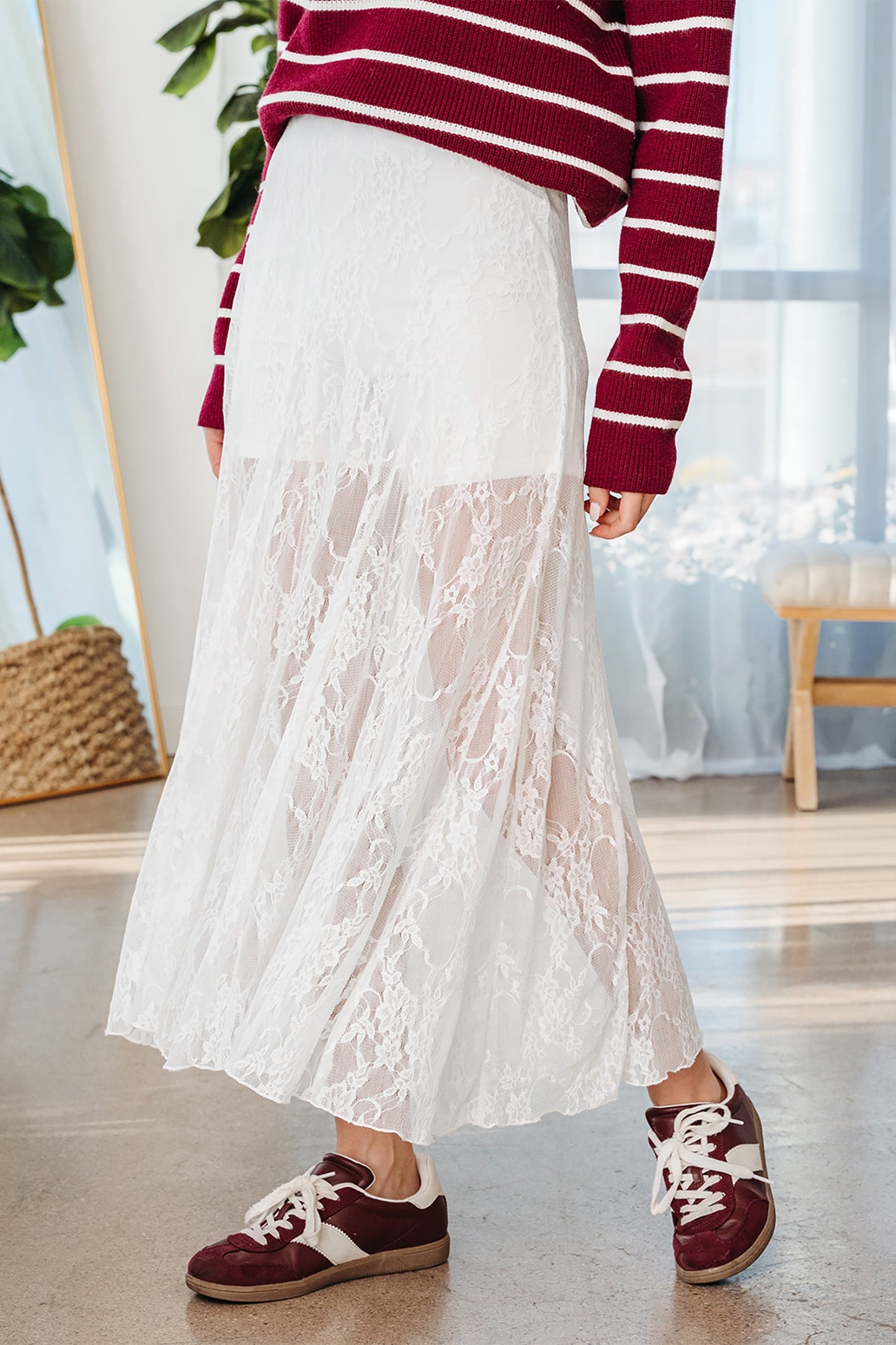 Floral Sheer Lace Flowy Maxi Skirt