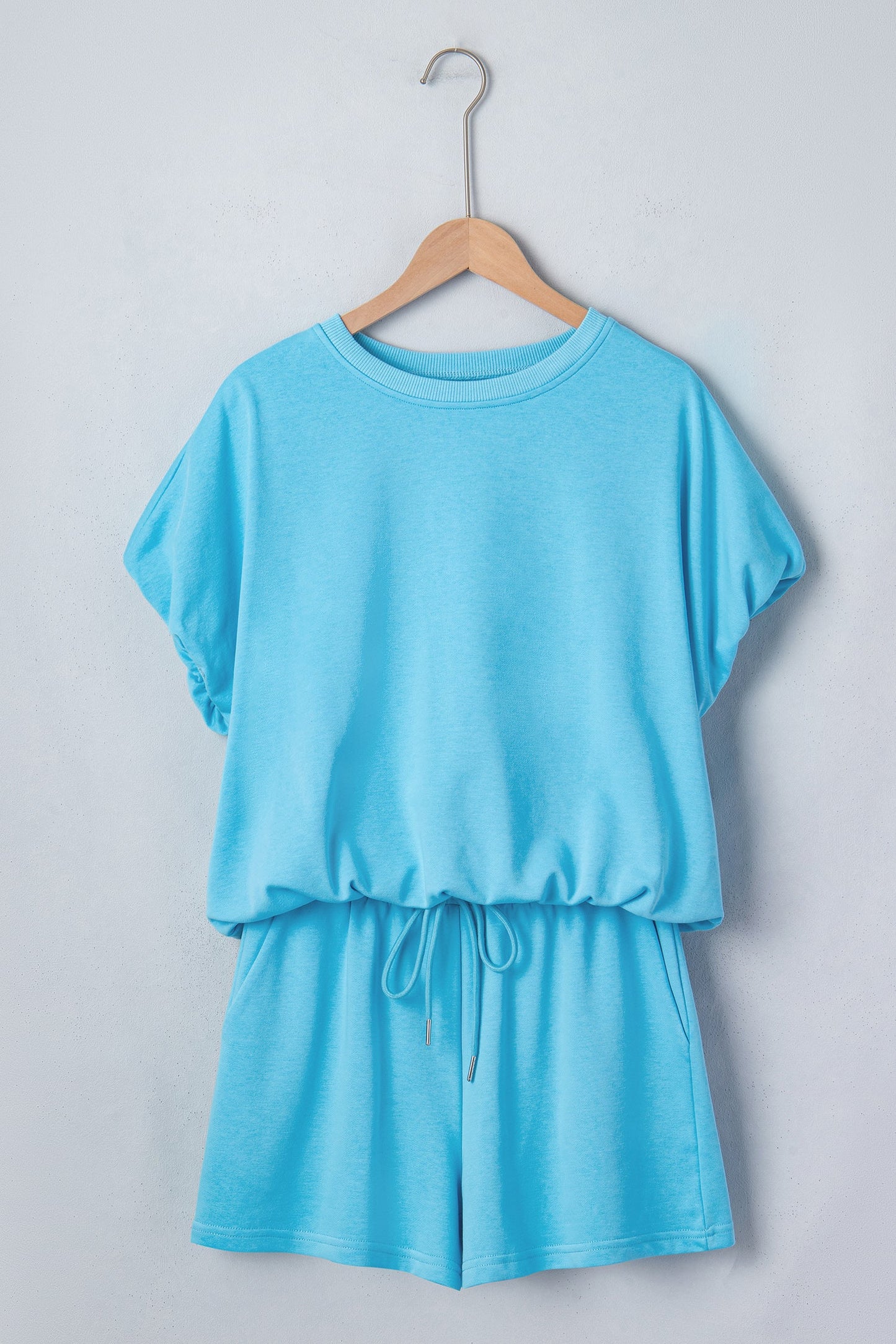 Solid Puff Sleeve Top & Drawstring Shorts Set