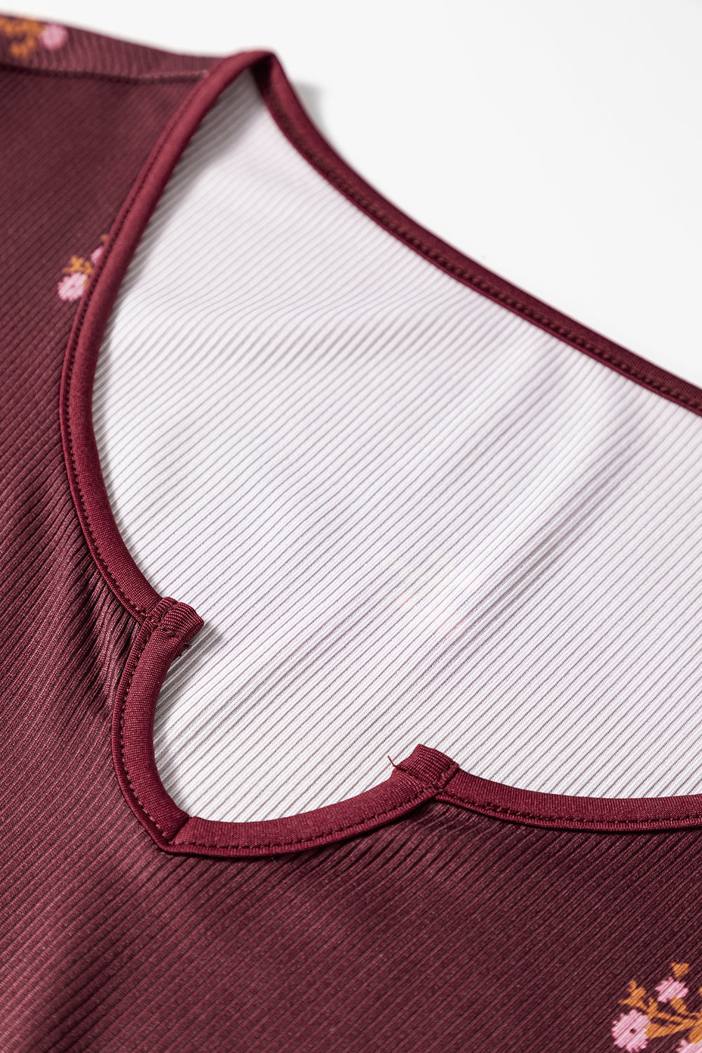 Floral Ribbed Notched Neck Long Sleeve Top