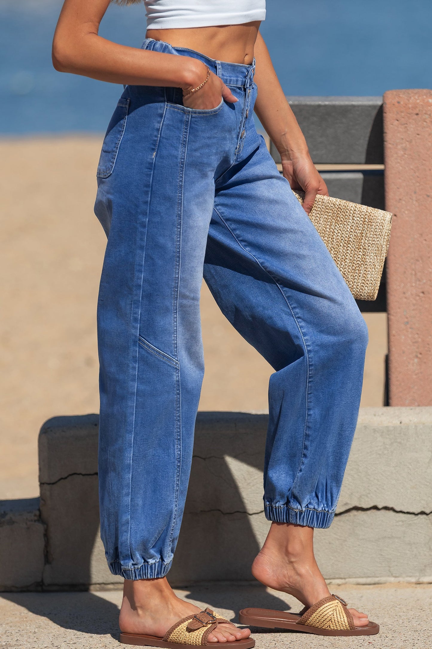Denim Buttoned Fly Tapered Barrel Leg Jeans