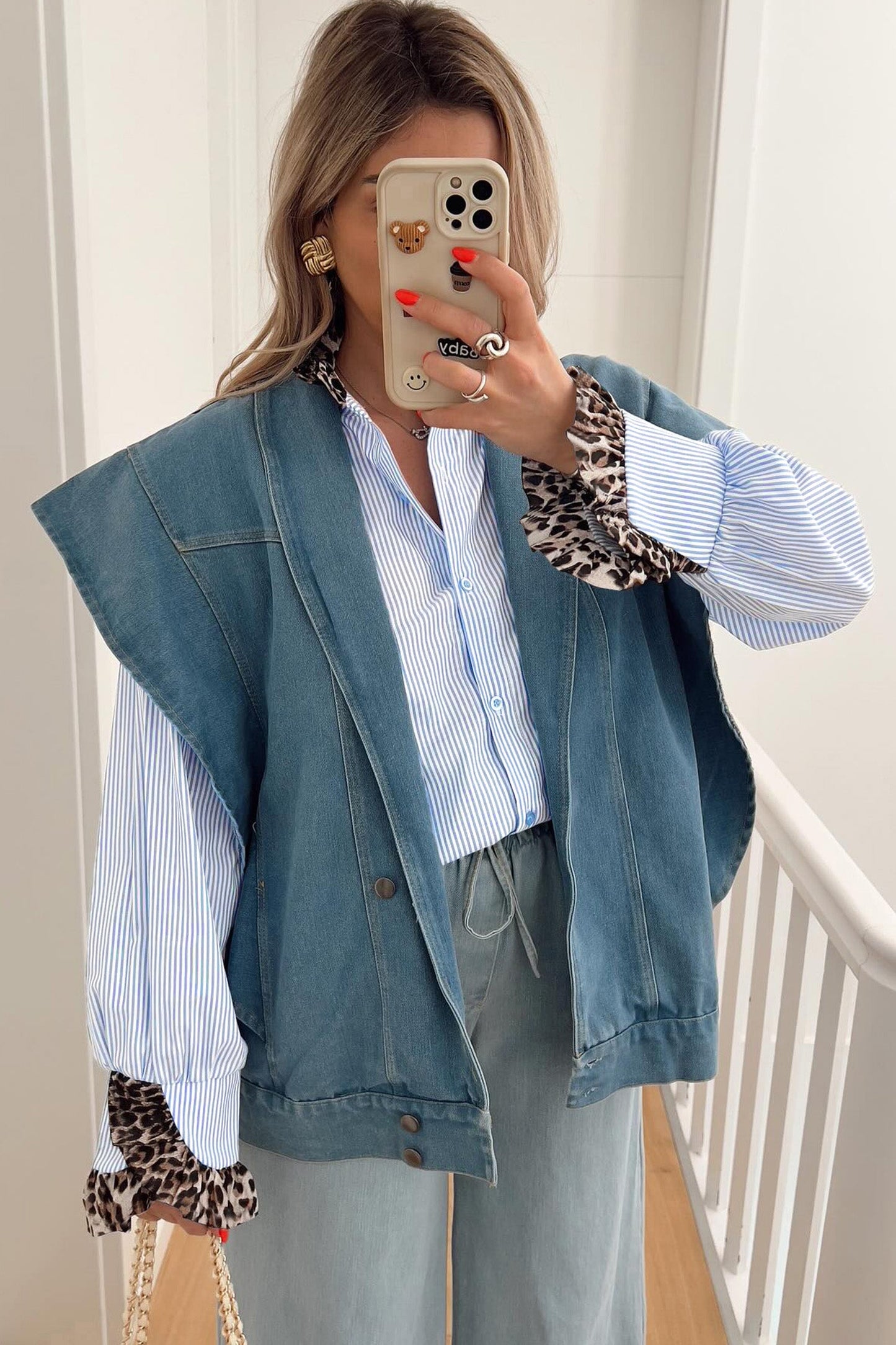 Stripe Patchwork Leopard Ruffle Long Sleeve Shirt