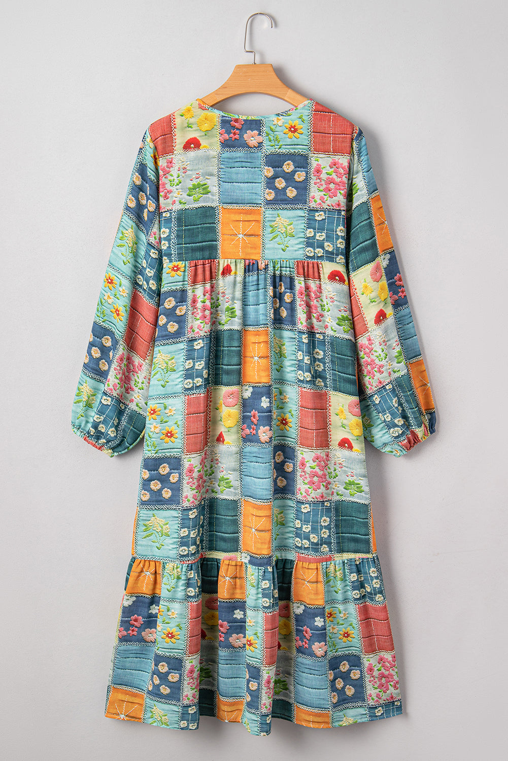 Floral Geometric Bubble Sleeve Ruffle Hem Dress