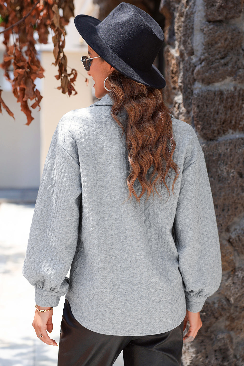 Solid Cable Knit Textured Puff Sleeve Shacket
