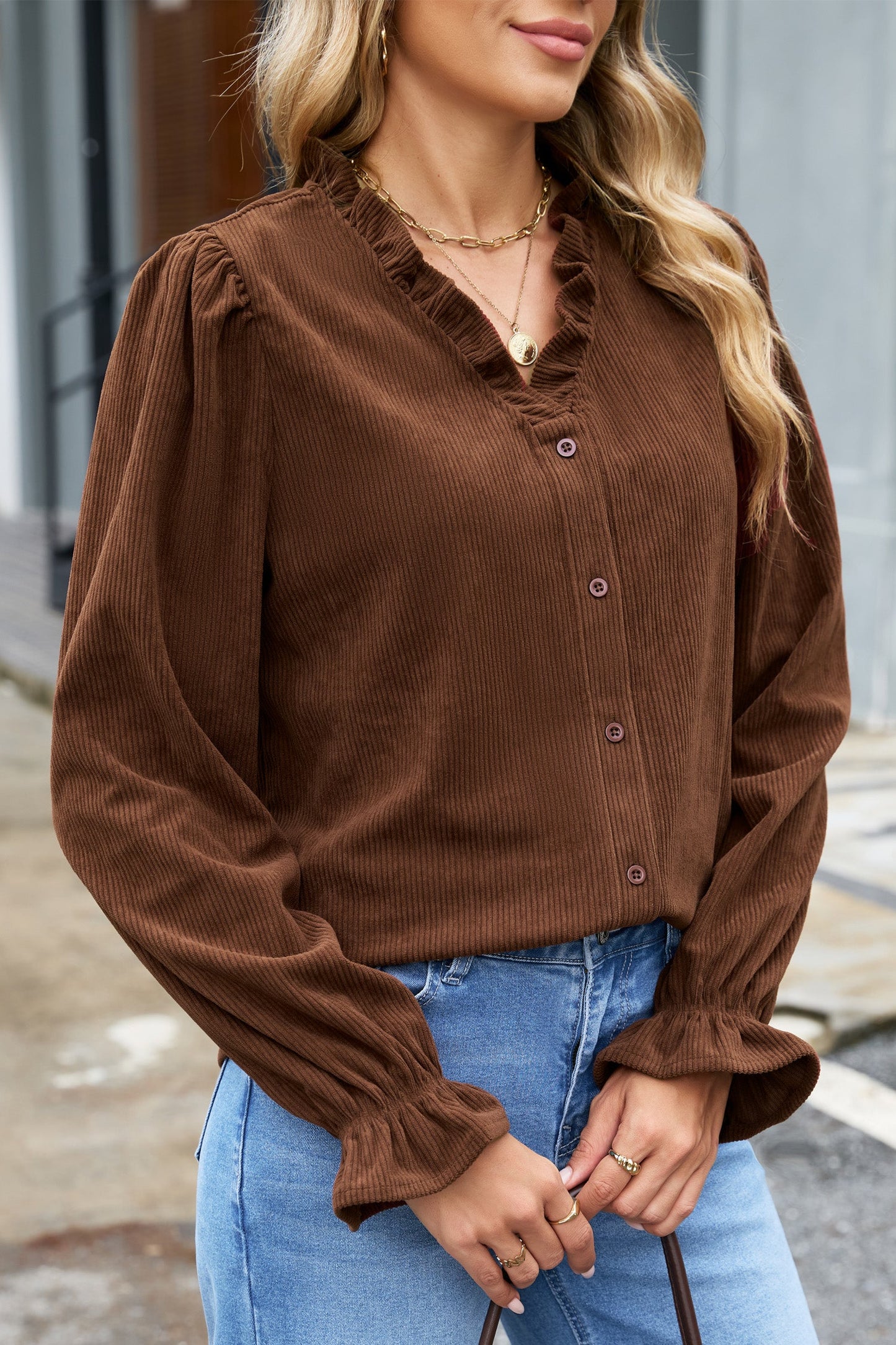 Solid Ruffle Trim V-Neck Long Sleeve Corduroy Shacket
