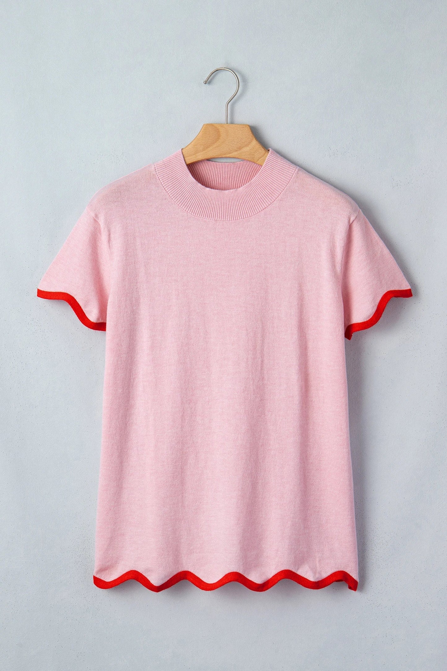 Contrast Wavy Trim Short Sleeve Sweater