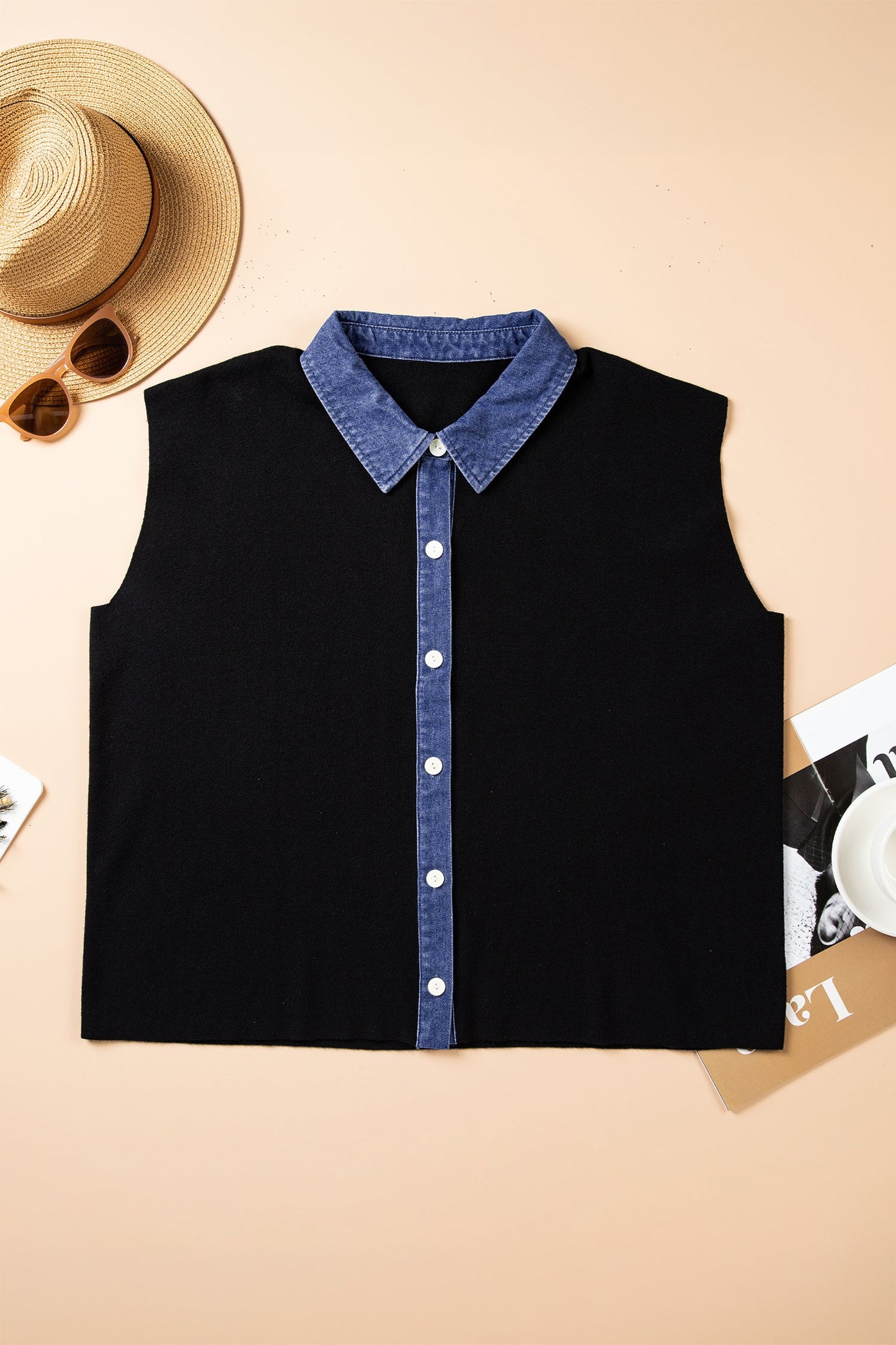 Plus Size Denim Patchwork Collar Sleeveless Cardigan