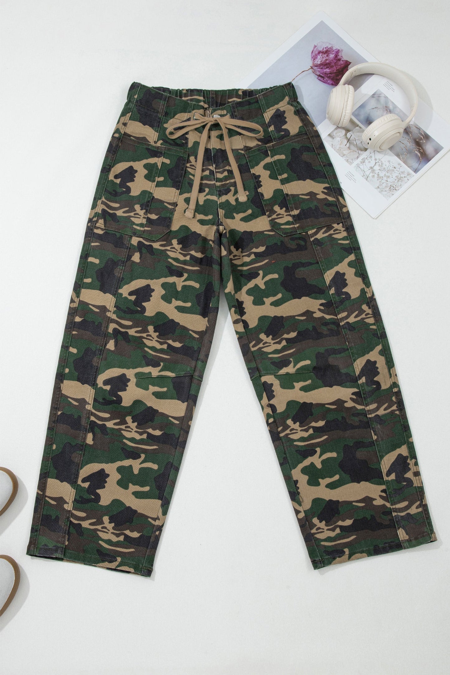 Camo Drawstring Patch Pocket Barrel Jeans