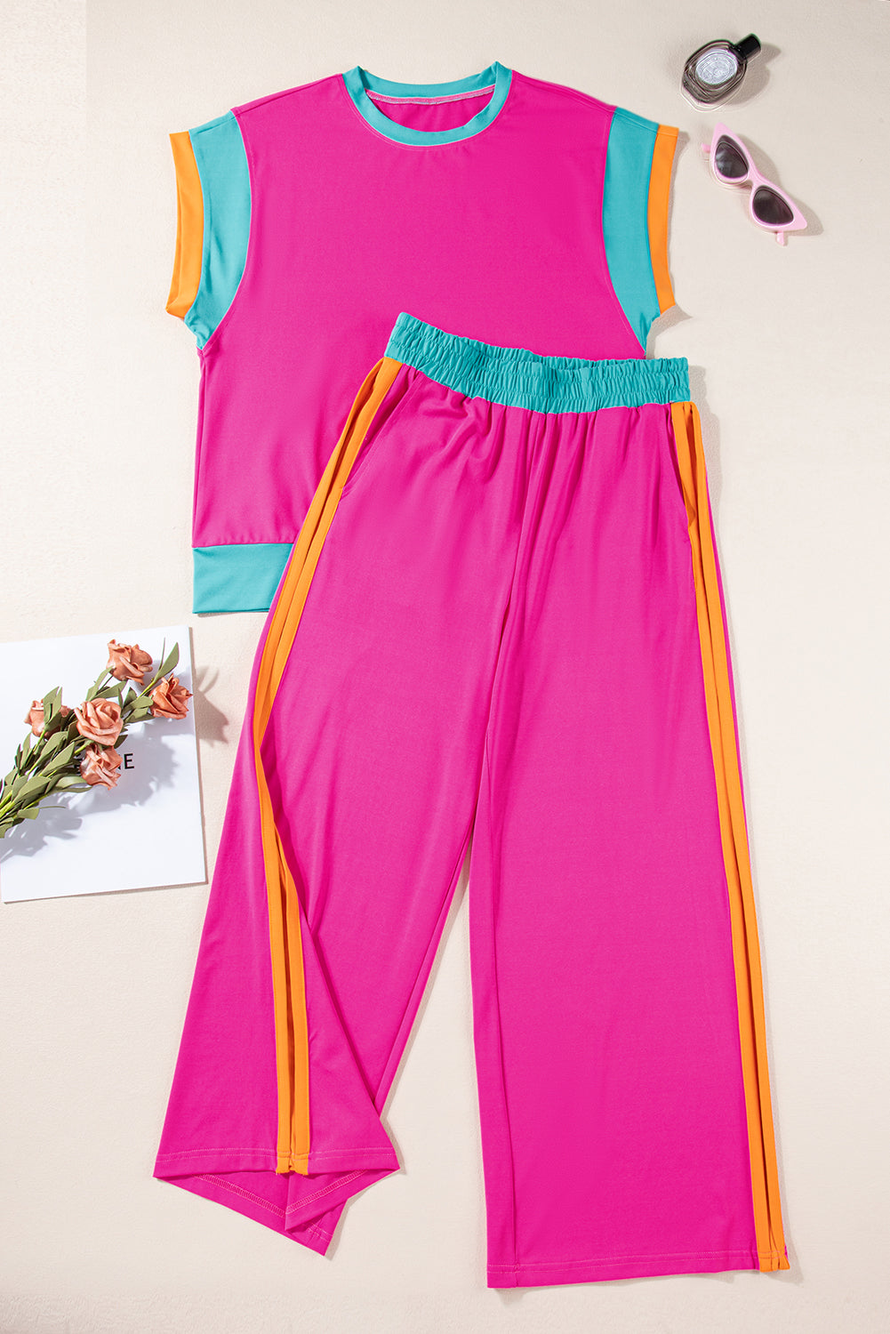 Colorblock Cap Sleeve Tee and Pants Set