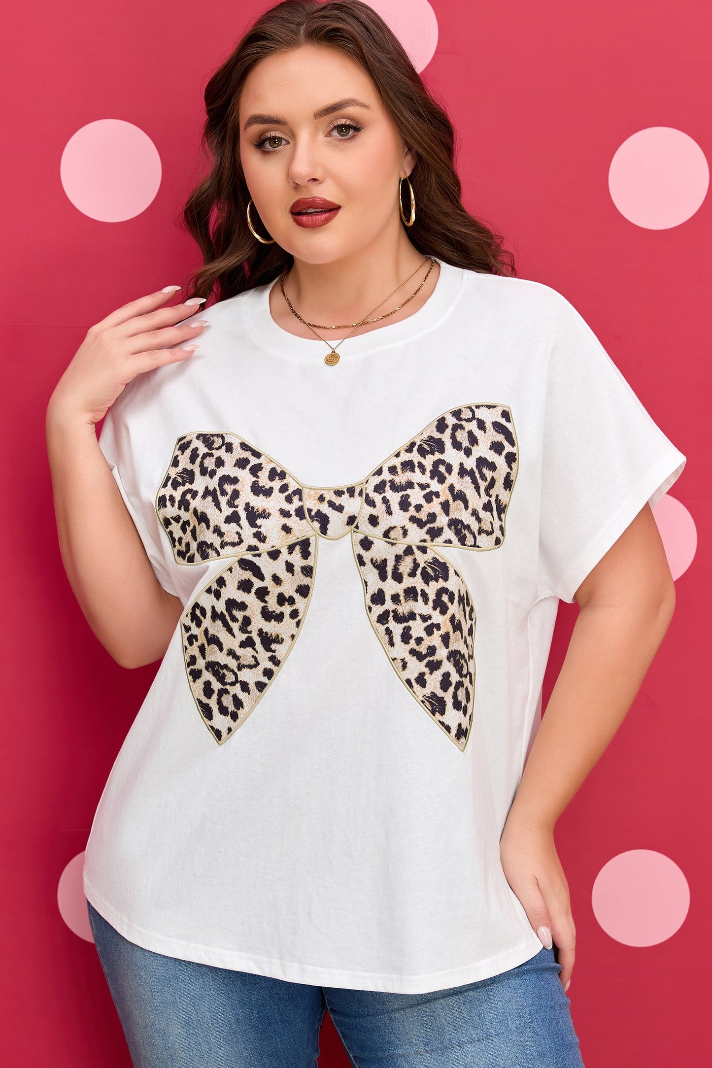 Plus Size Leopard Bow Embroidered Patch T-Shirt