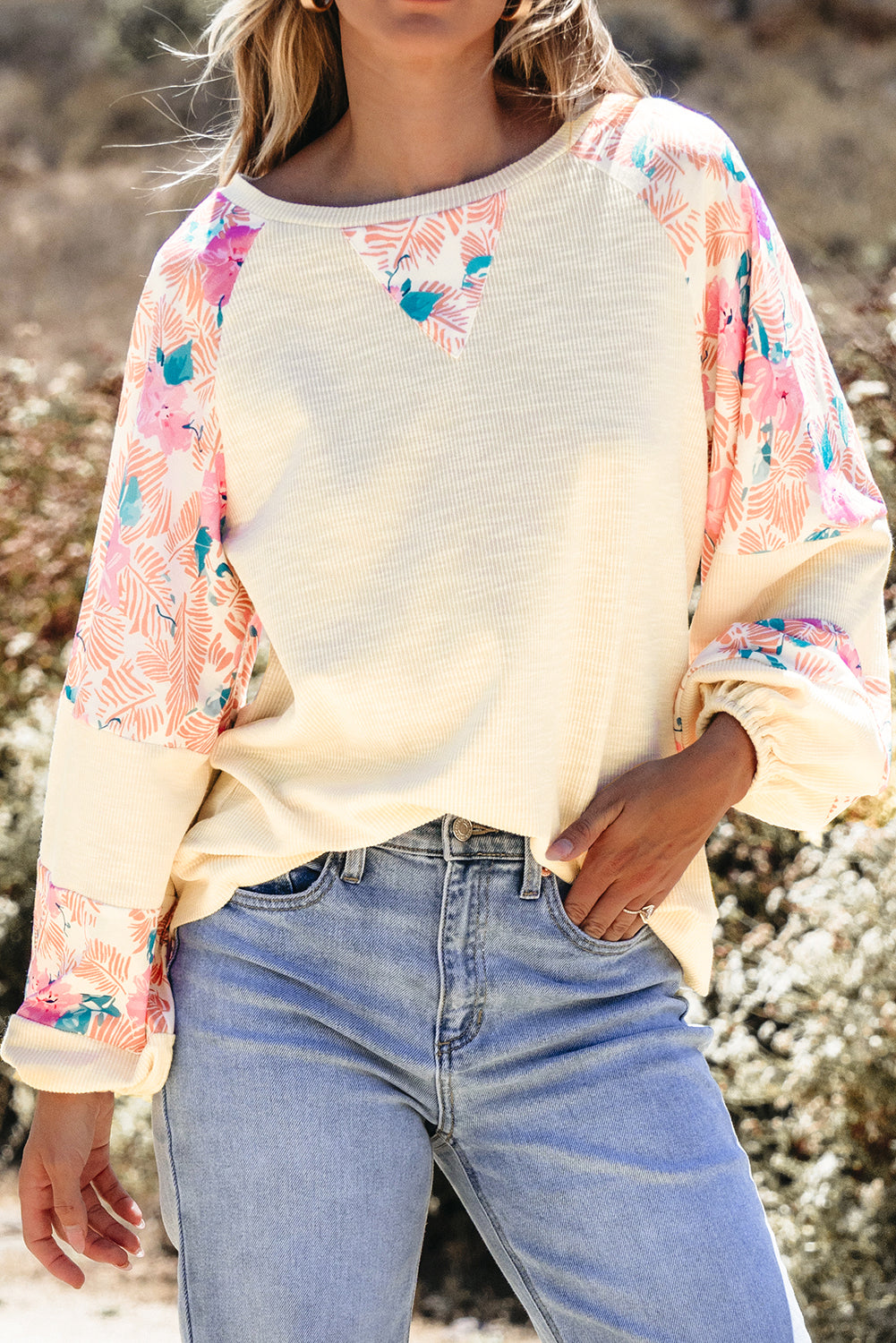 Floral Patchwork Balloon Sleeve Textured Blouse