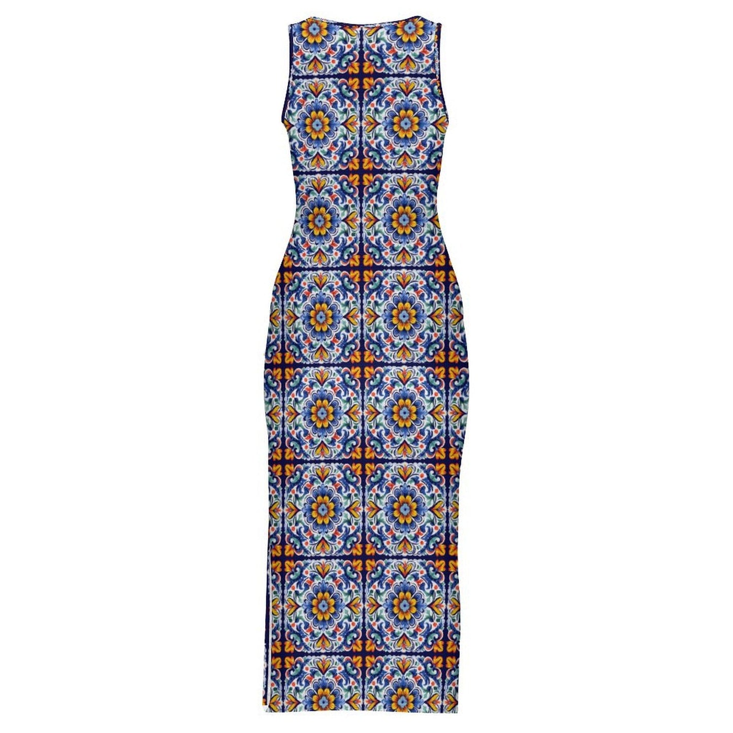Colores de Mexico Talavera Sleeveless Bodycon Side Slit Long Dress