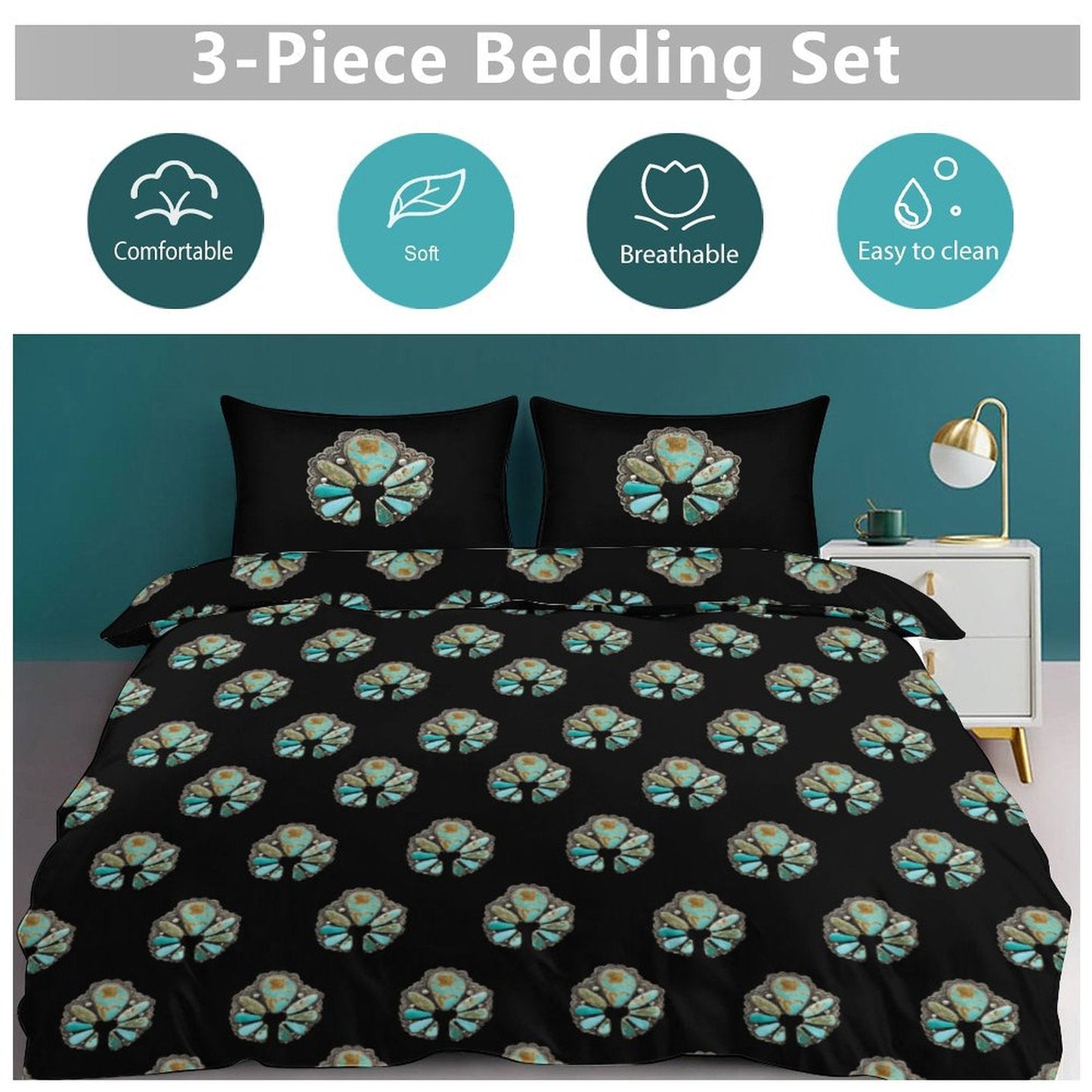 Turquoise Naja Design 3-Piece Bedding Set (1 Duvet Cover + 2 Pillow Shams) – 102"×90"
