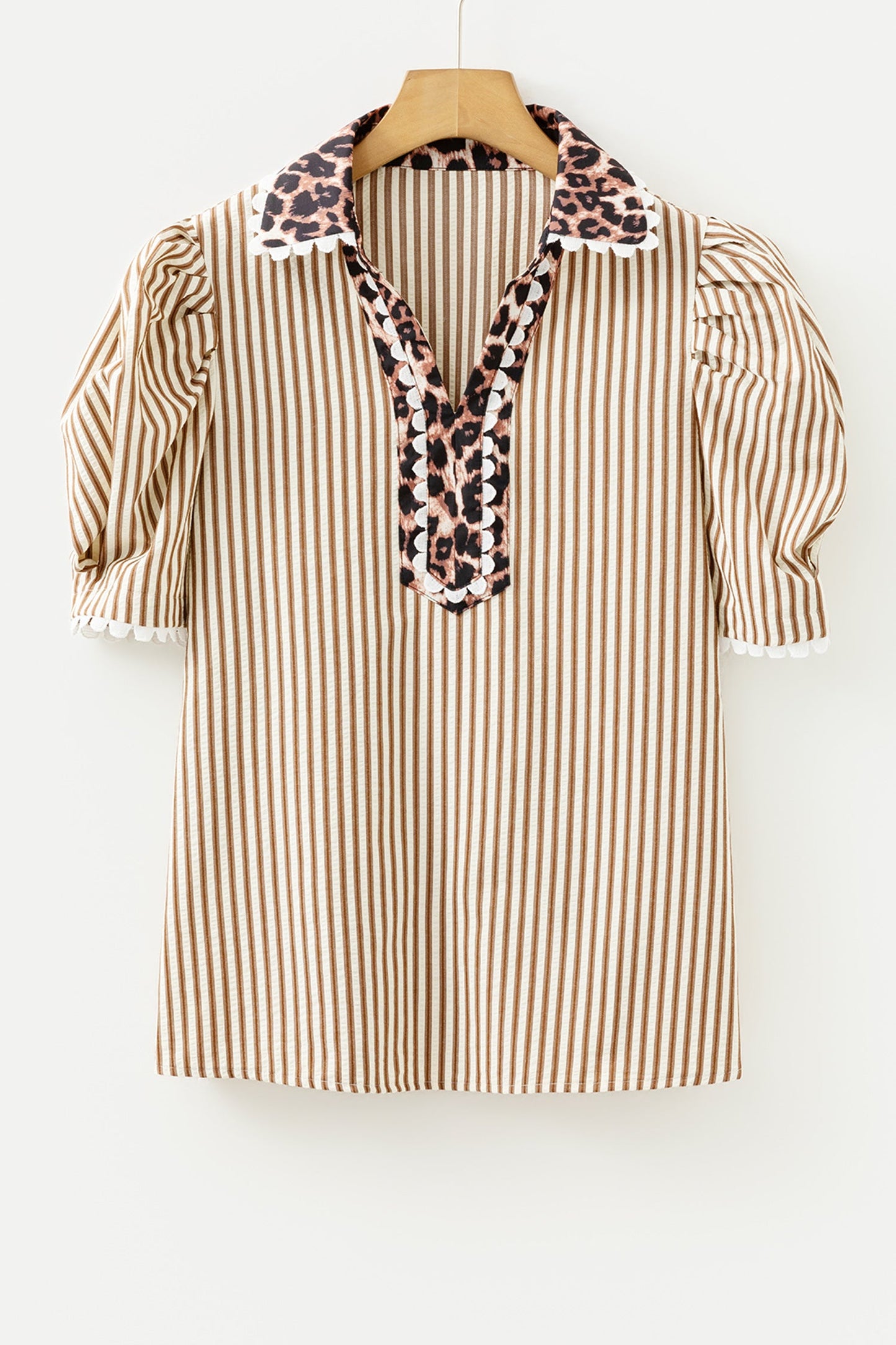 Leopard Patchwork Collared V-Neck Puff Sleeve Blouse