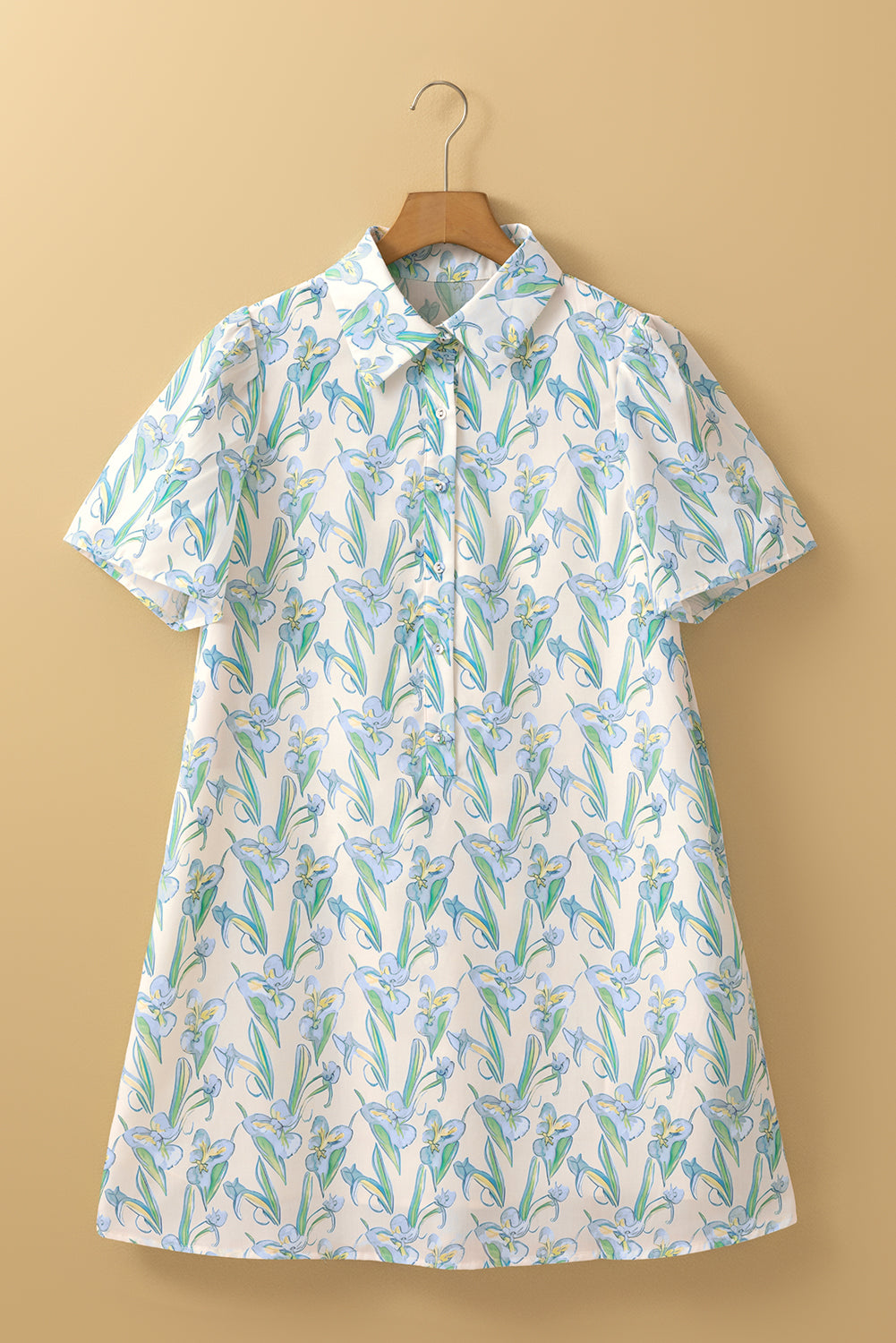 Floral Shirtcollar Button Short Sleeve Shift Dress