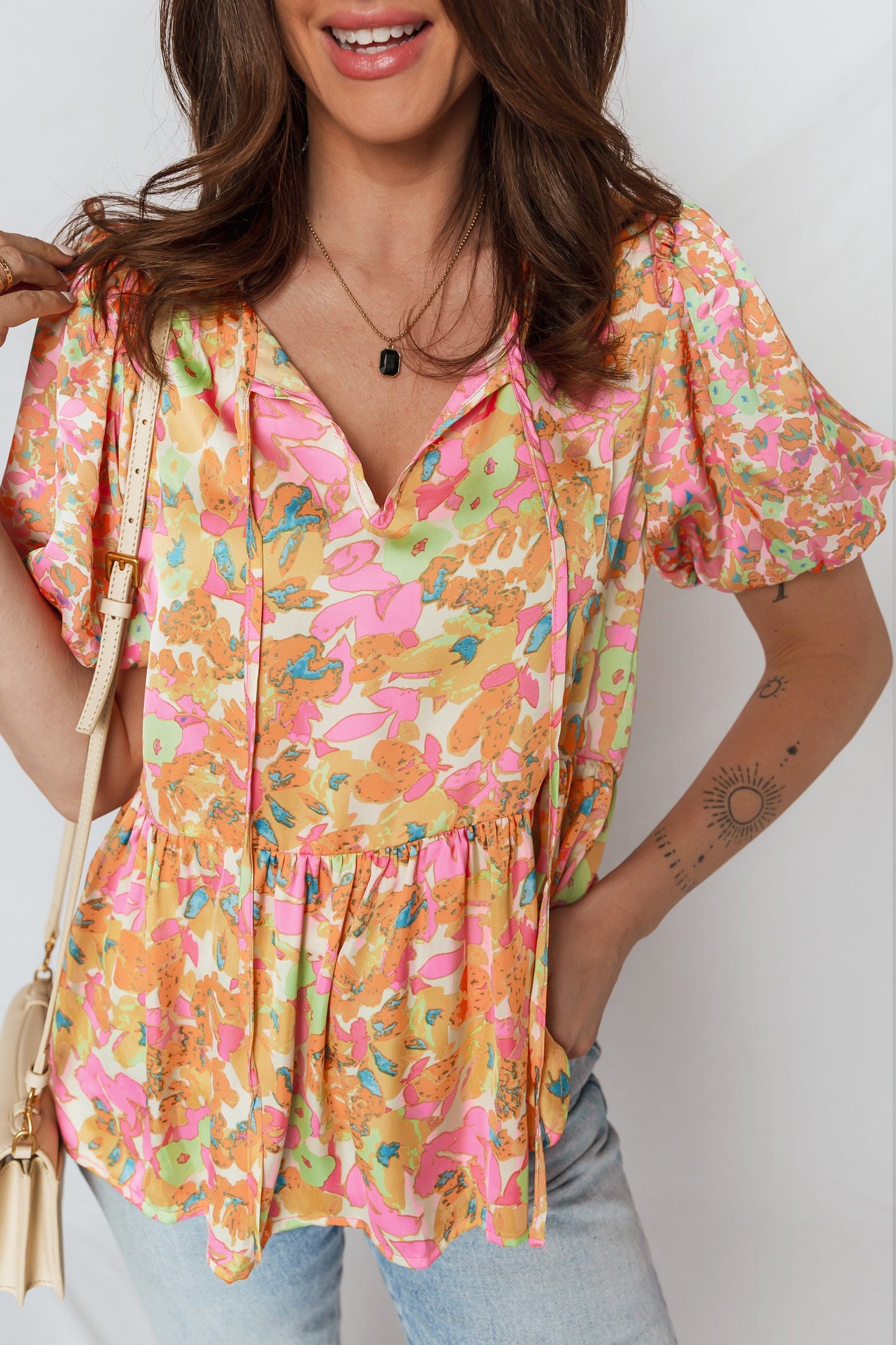 Flower Split V-Neck Short Sleeve Blouse