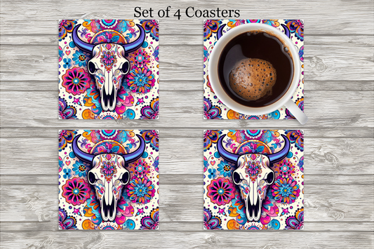 Bohemian Pink Western Bullhead Neoprene 4 Inch Square Coasters - Set of 4