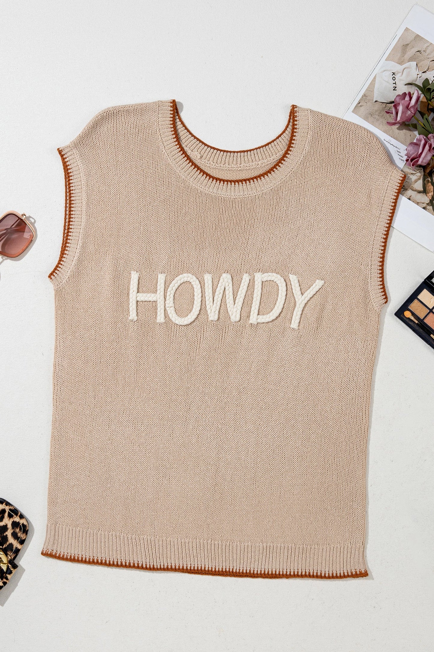 Western HOWDY Contrast Trim Short Sleeve Sweater
