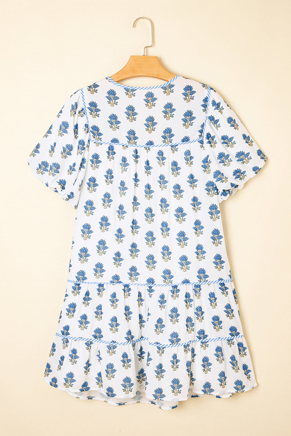 Floral Puff Sleeve Tied Neck Pocket Mini Dress