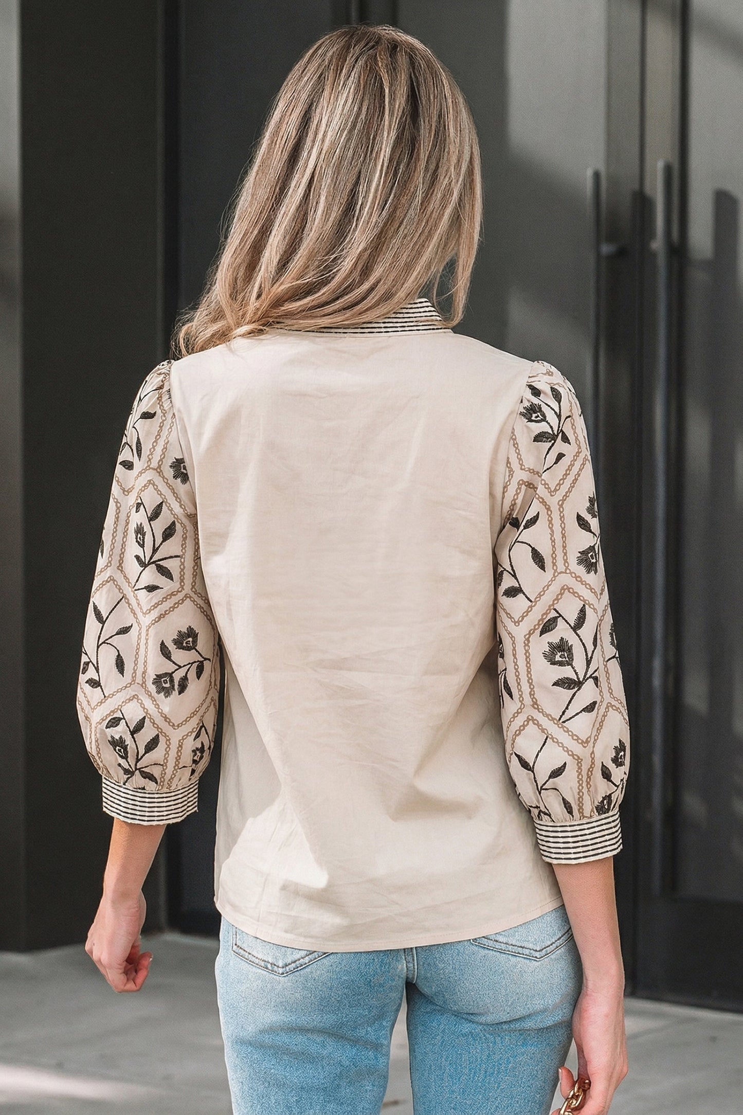 Floral Puff Sleeve Contrast V-Neck Patchwork Blouse