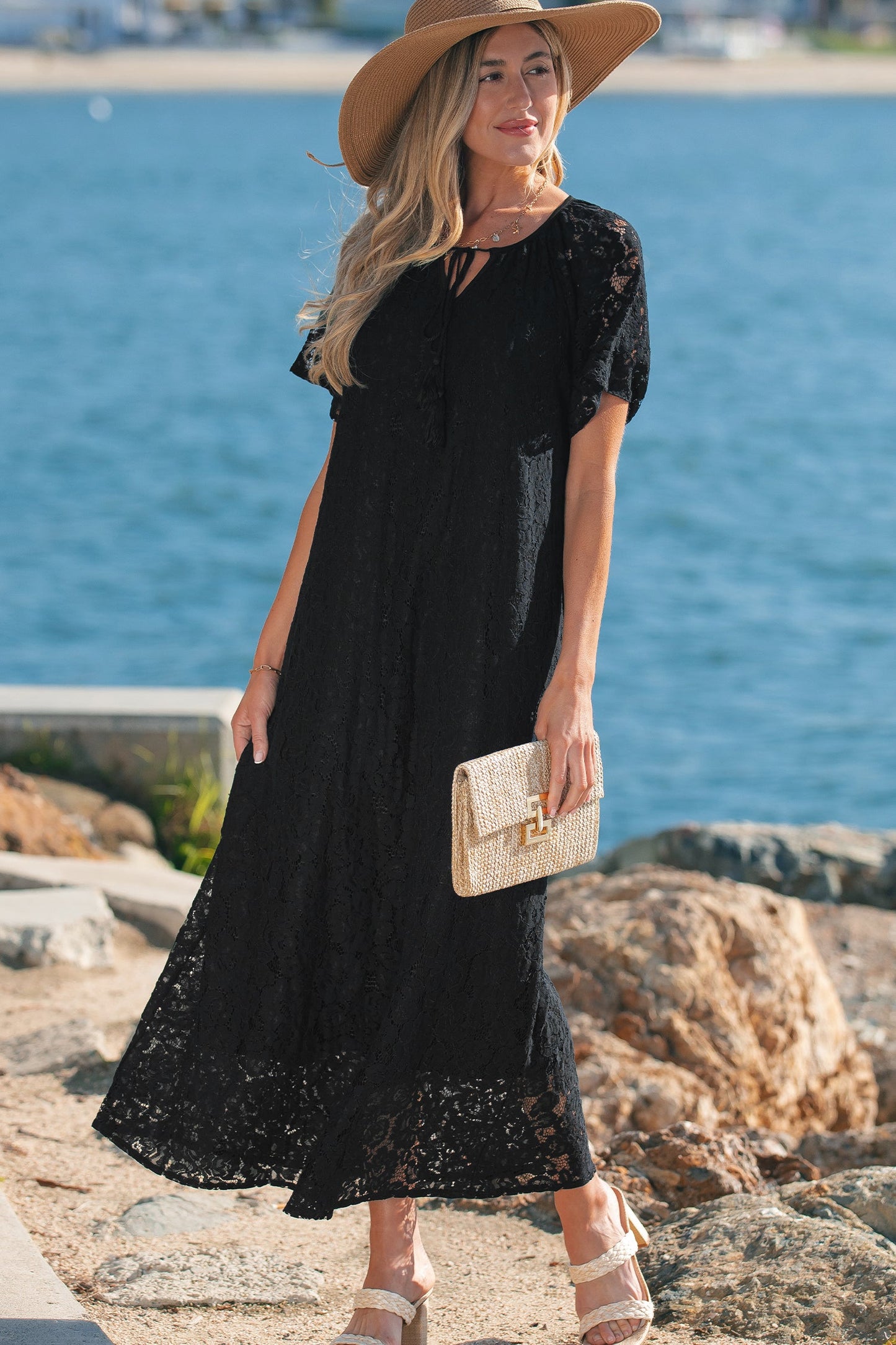 Lace Overlay Tassel Tie Short Sleeve Maxi Dress