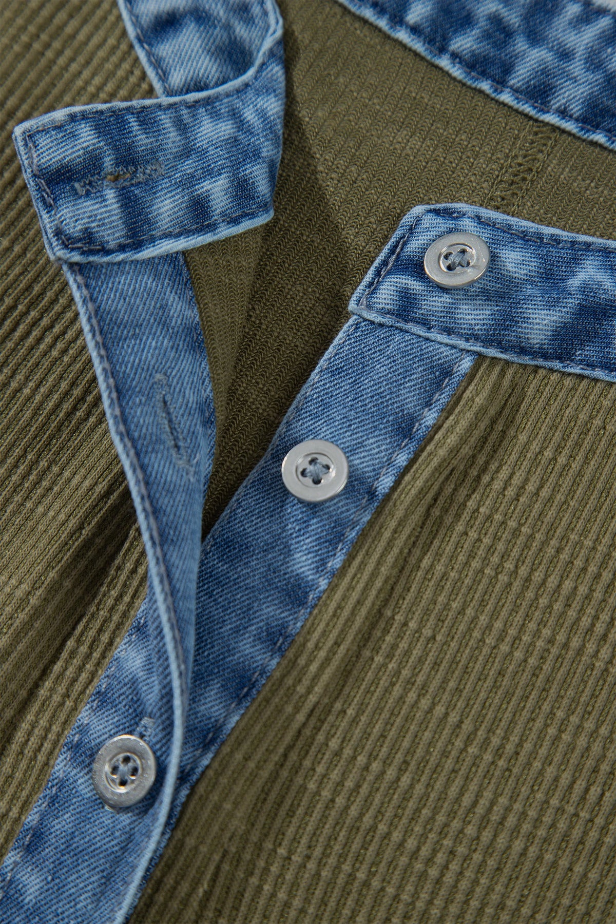 Plus Size Denim Contrast Trim Long Sleeve Henley Blouse