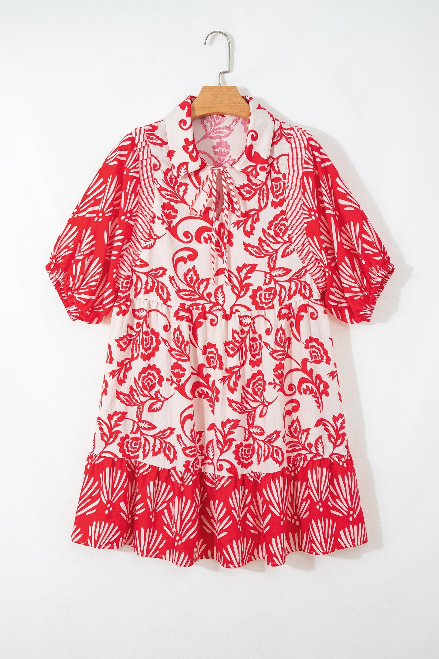 Flower V-Neck 3/4 Sleeve Collar Mini Dress