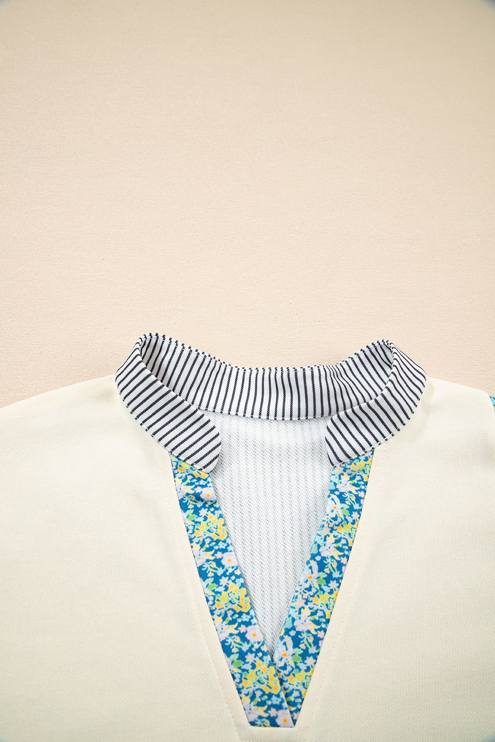 Floral Stripe Collared V-Neck Drop Sleeve Sweatshirt