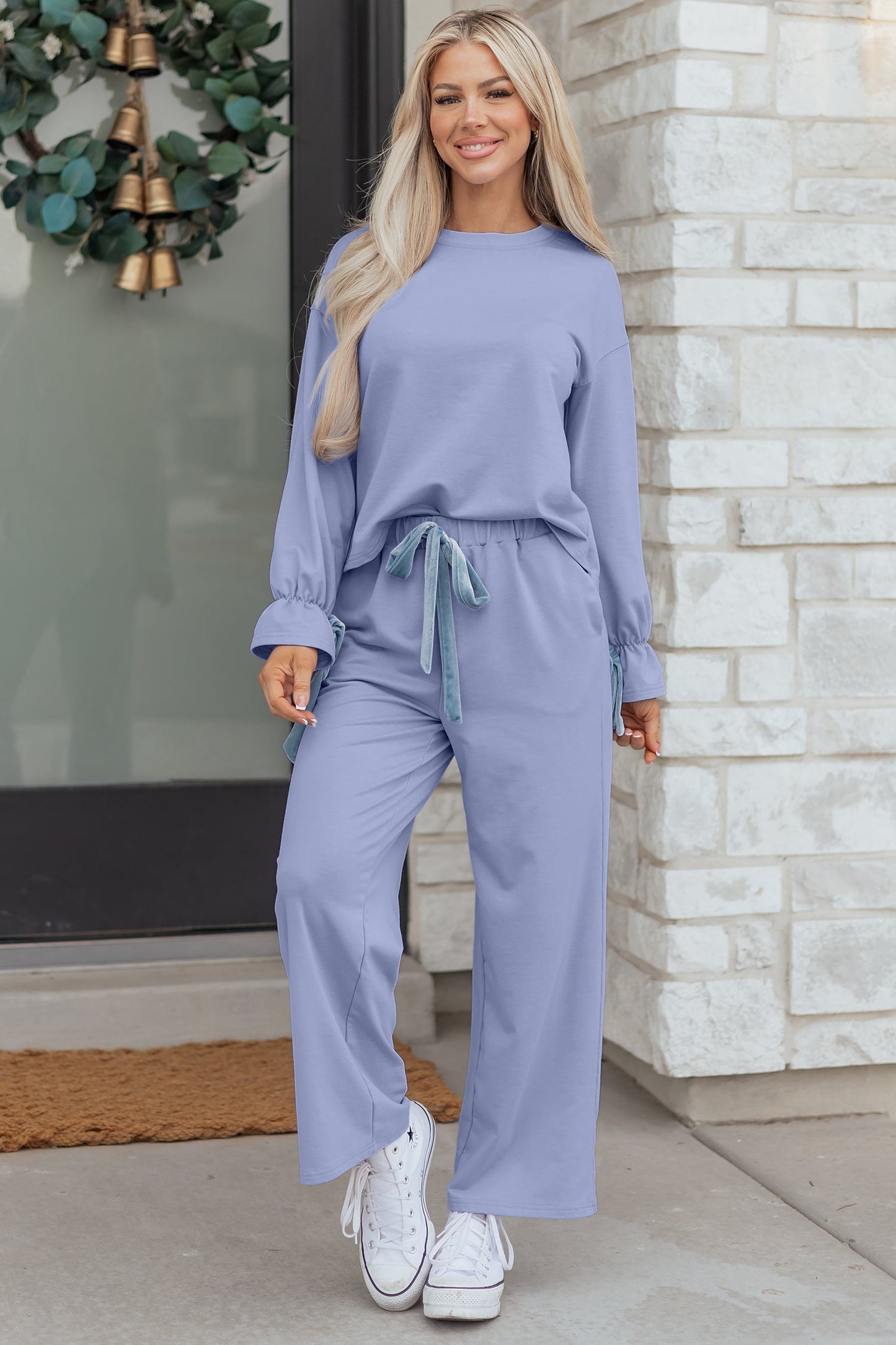 Flounce Long Sleeve Top and Drawstring Pants Set