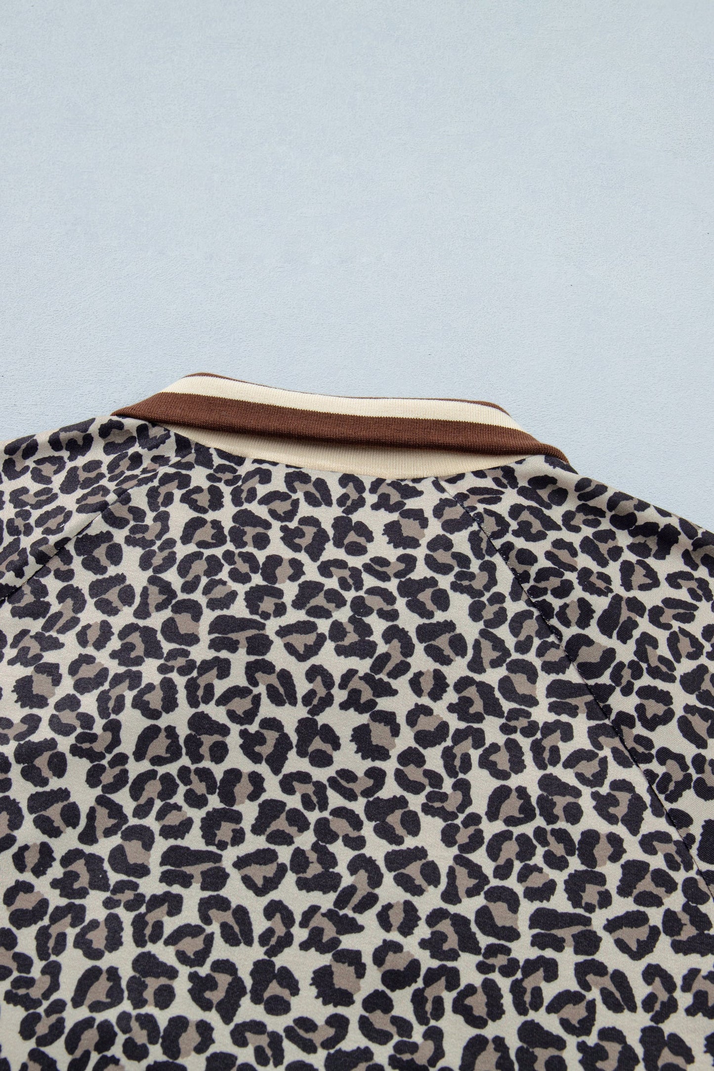 Leopard Half Zip Stripe Trim Short Sleeve Top