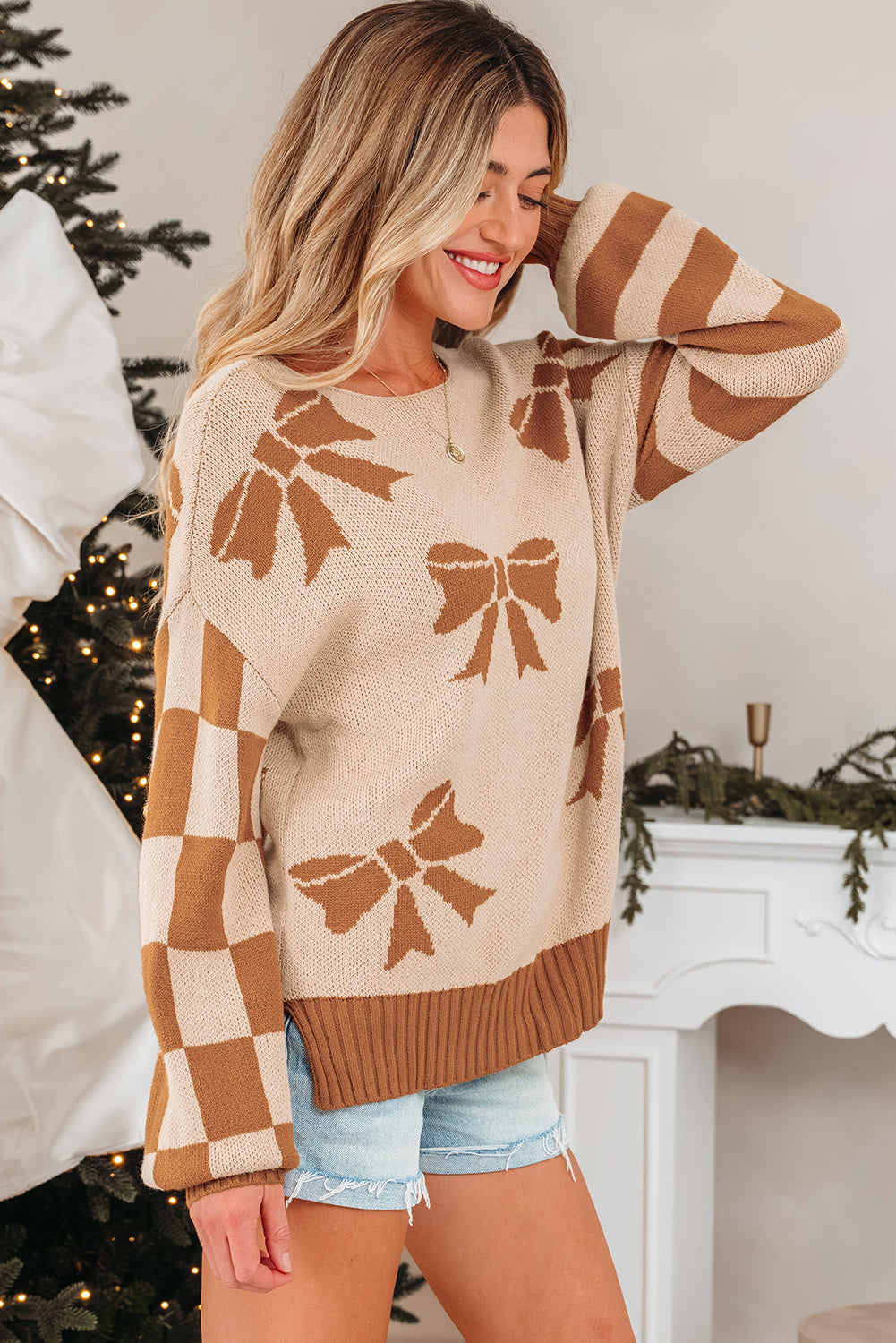 Bow Checker Stripe Patchwork Sleeve Sweater