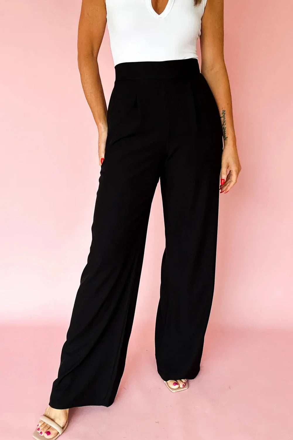 Solid Pleated Pull-On Straight Leg Pants