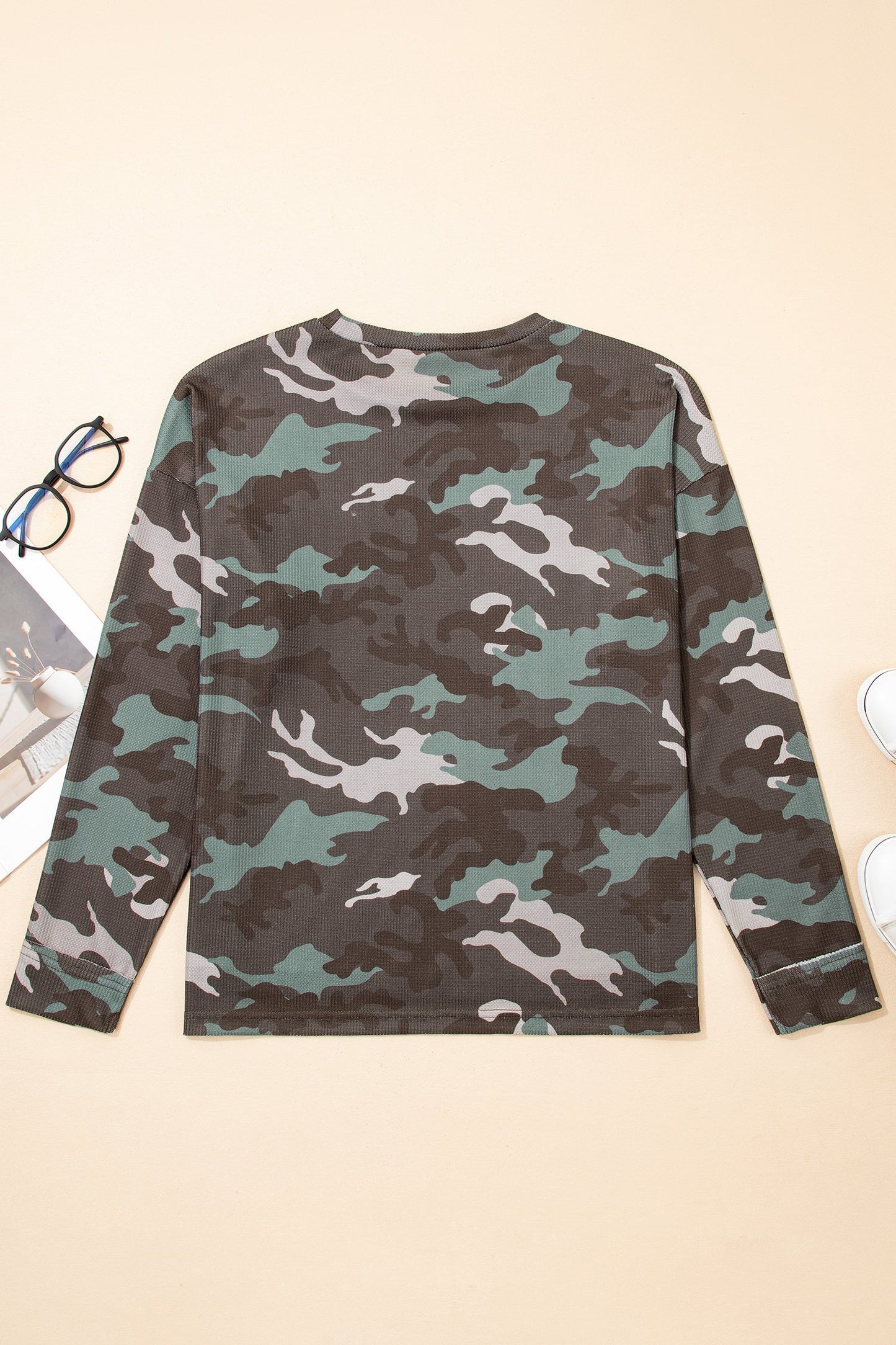 Camo Textured Drop Shoulder Long Sleeve Top