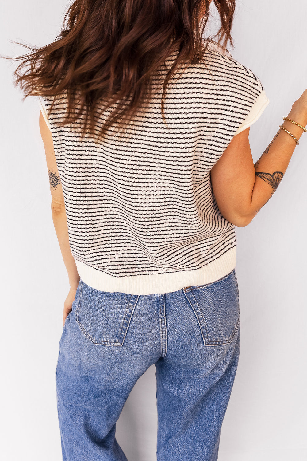 Stripe Contrast Trim Cap Sleeve Button-Up Cardigan