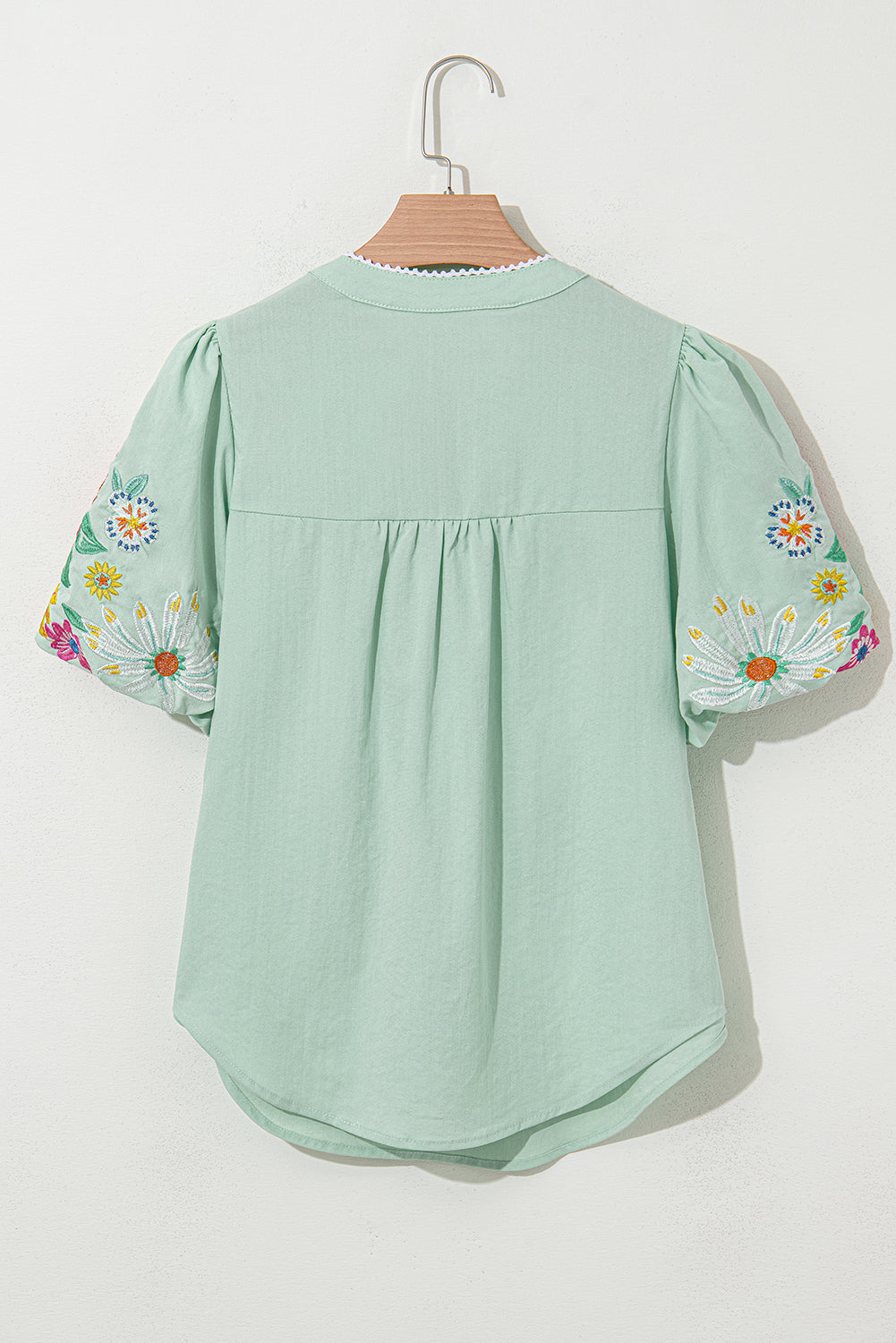 Floral Embroidered Puff Sleeve Split Neck Blouse