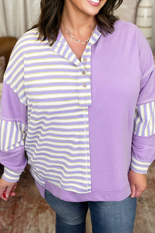 Plus Size Stripe Patchwork Buttoned Drop Shoulder Pullover