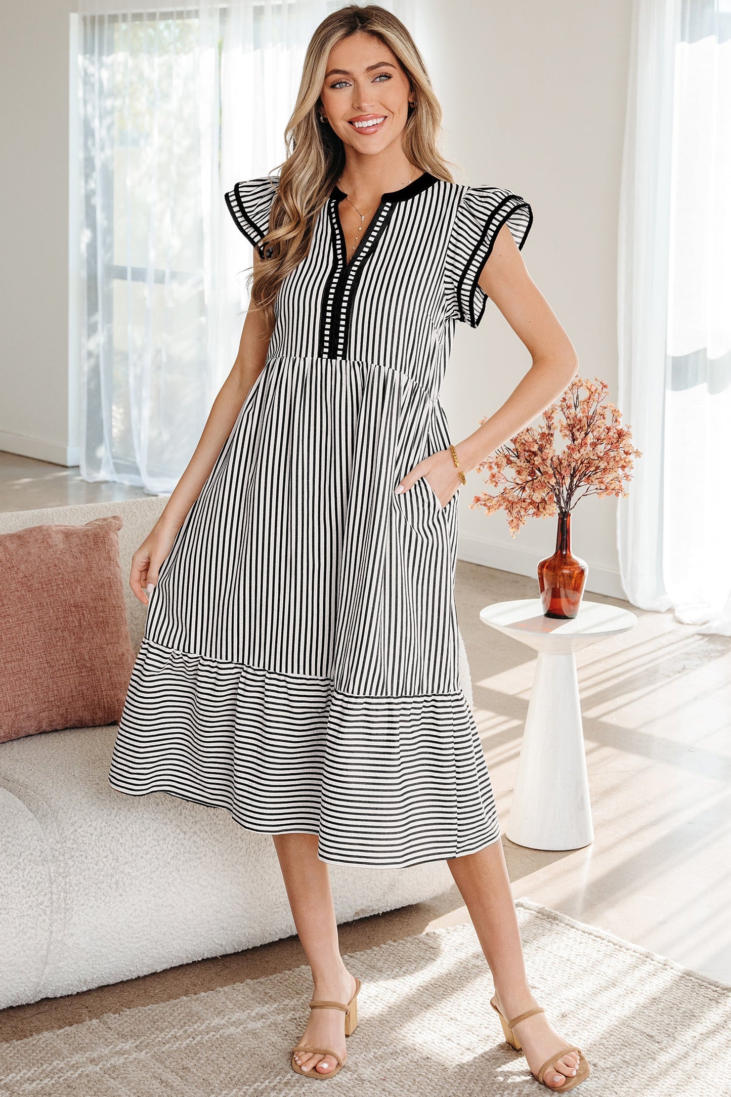 Stripe Ruffle Short Sleeve V-Neck Midi Dress