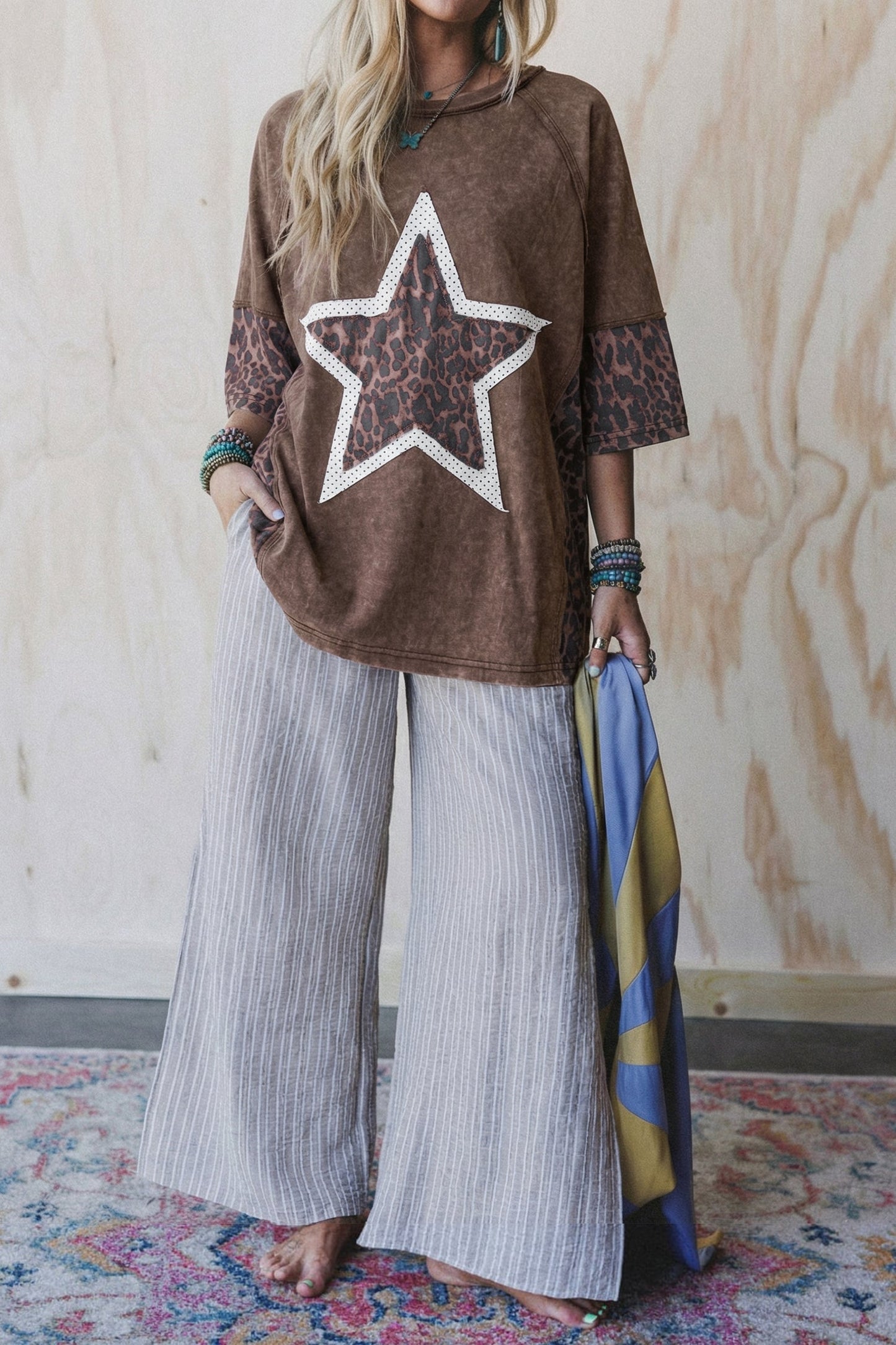 Leopard Star Patched Mineral Wash Exposed Seam T-Shirt