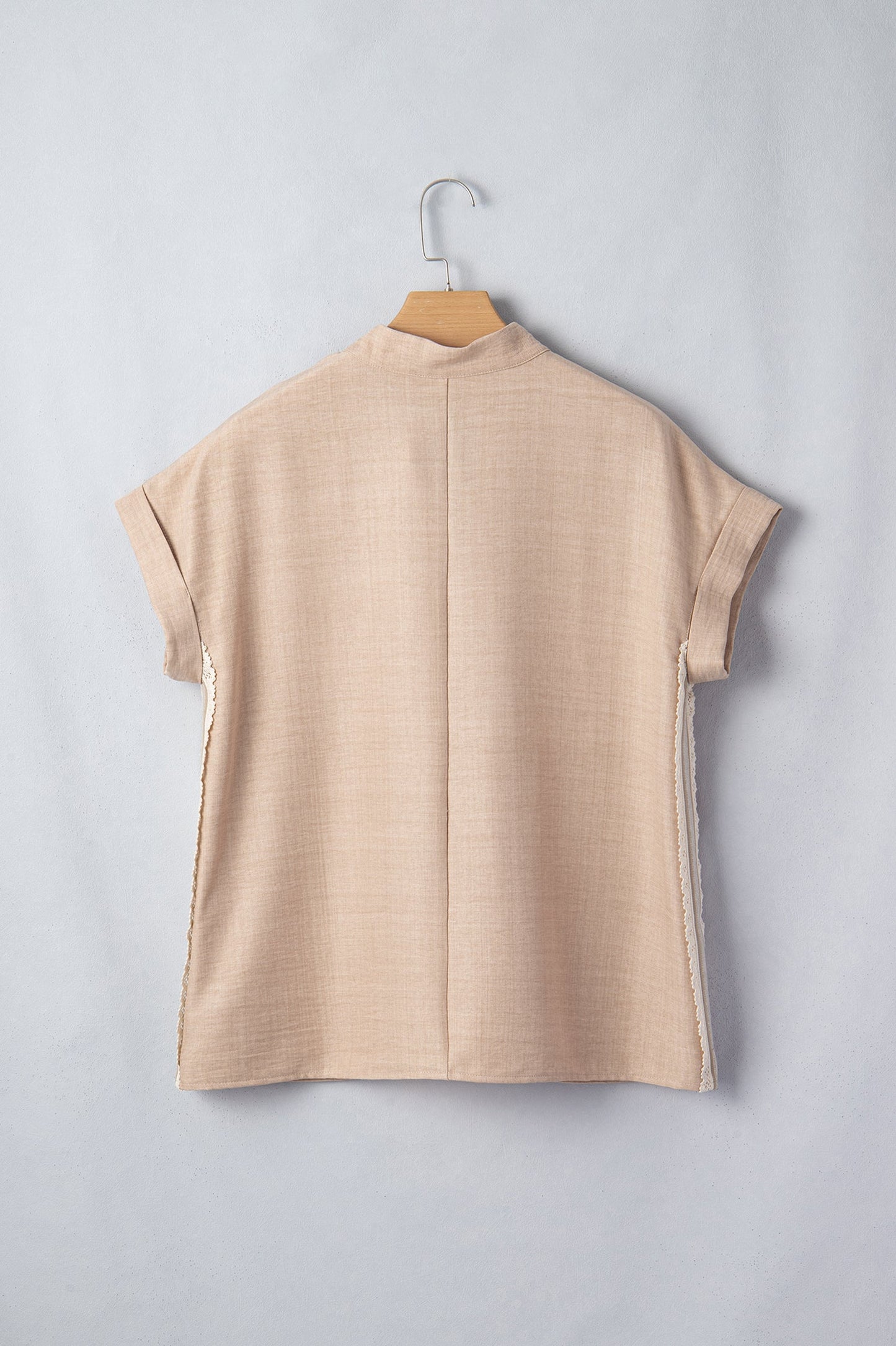 Crochet Lace Trim Rolled Short Sleeve Blouse