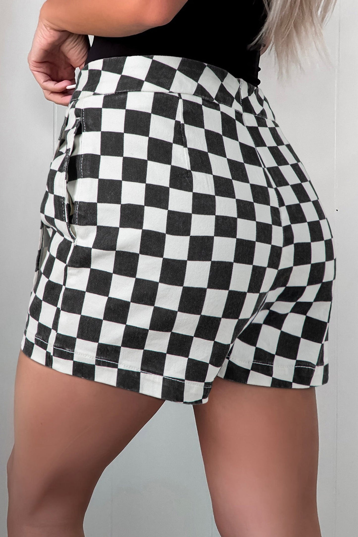 Checker Denim Overlap Detail Summer Shorts