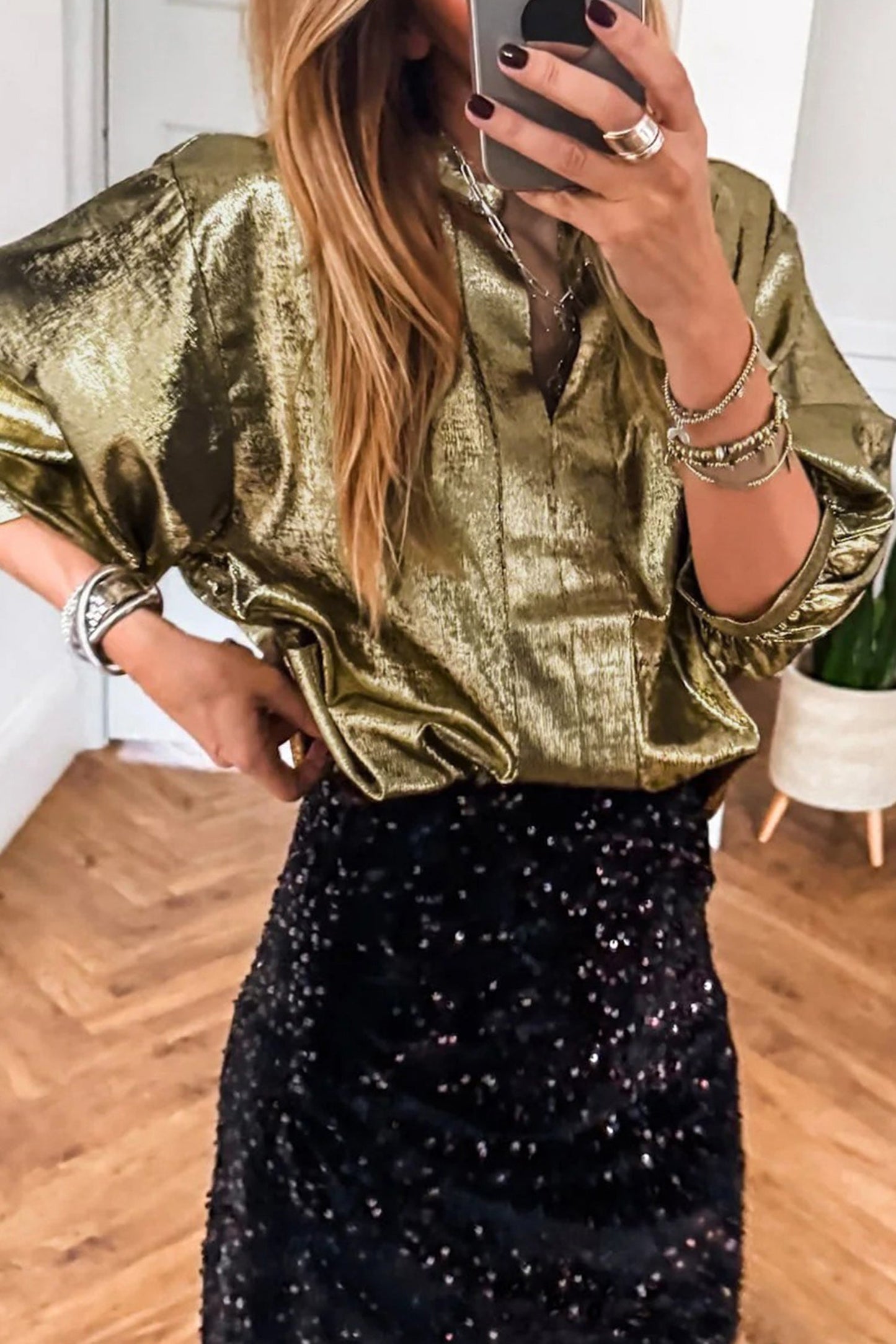 Metallic Split Neck 3/4 Sleeve Blouse