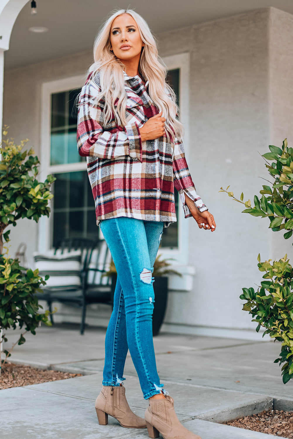 Plaid Pocketed Button Front Shacket